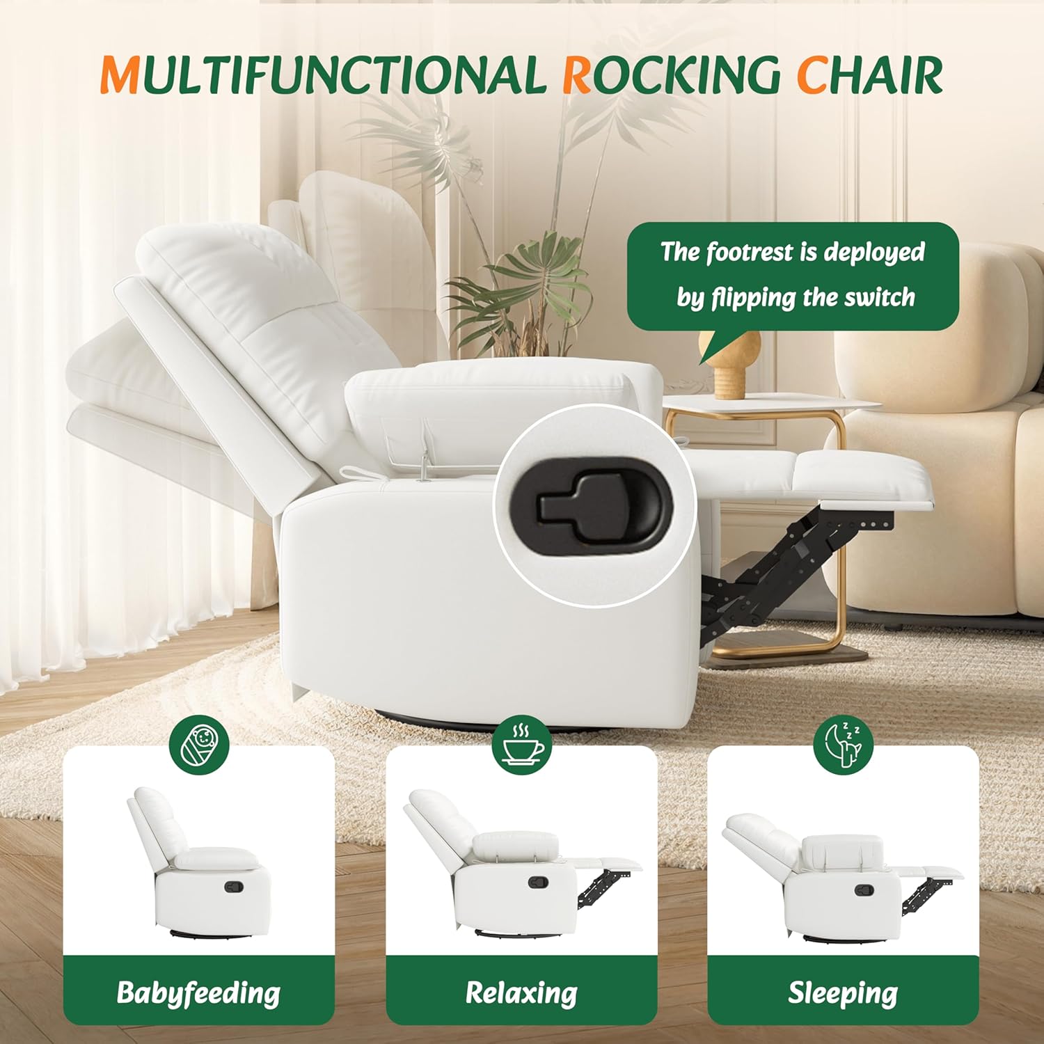 AILEEKISS Nursery Glider Recliner Rocking Chair w/Adjustable Armrests, Oversized 360° Swivel, 30° Rocker, 90°-160° Recline, White Leather Reclining Nursing Living Room Chair for Breastfeeding Bedroom
