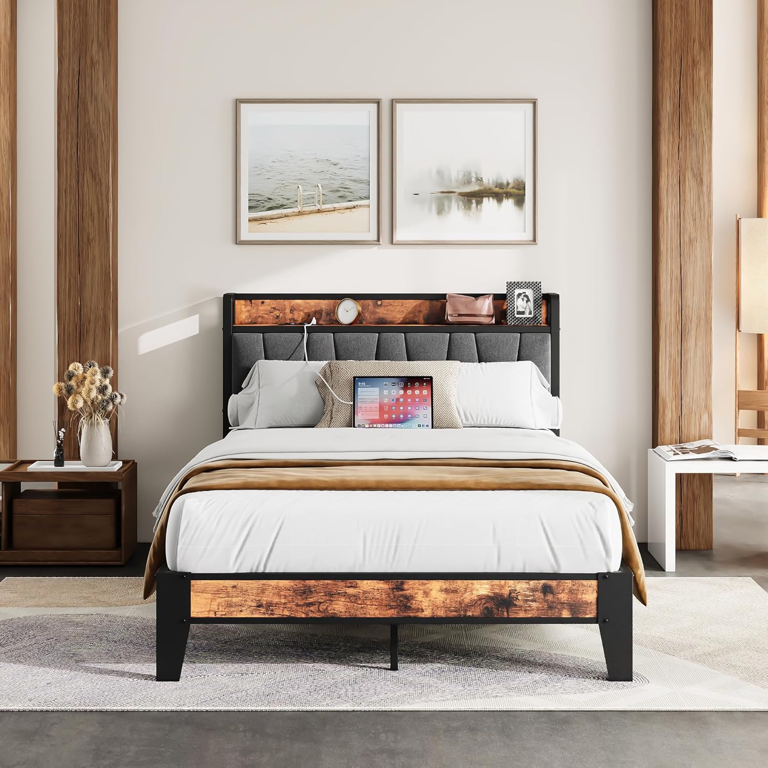 IRONCK Bett 120x200 mit Metal Lattenrost, Bettgestell 120x200cm mit Steckdosen, USB-Anschlüsse &amp; Typ-C-Anschlüsse, Metallbett 120x200 mit Gepolstertem Kopfteil &amp; Stauraum, Jugendbett