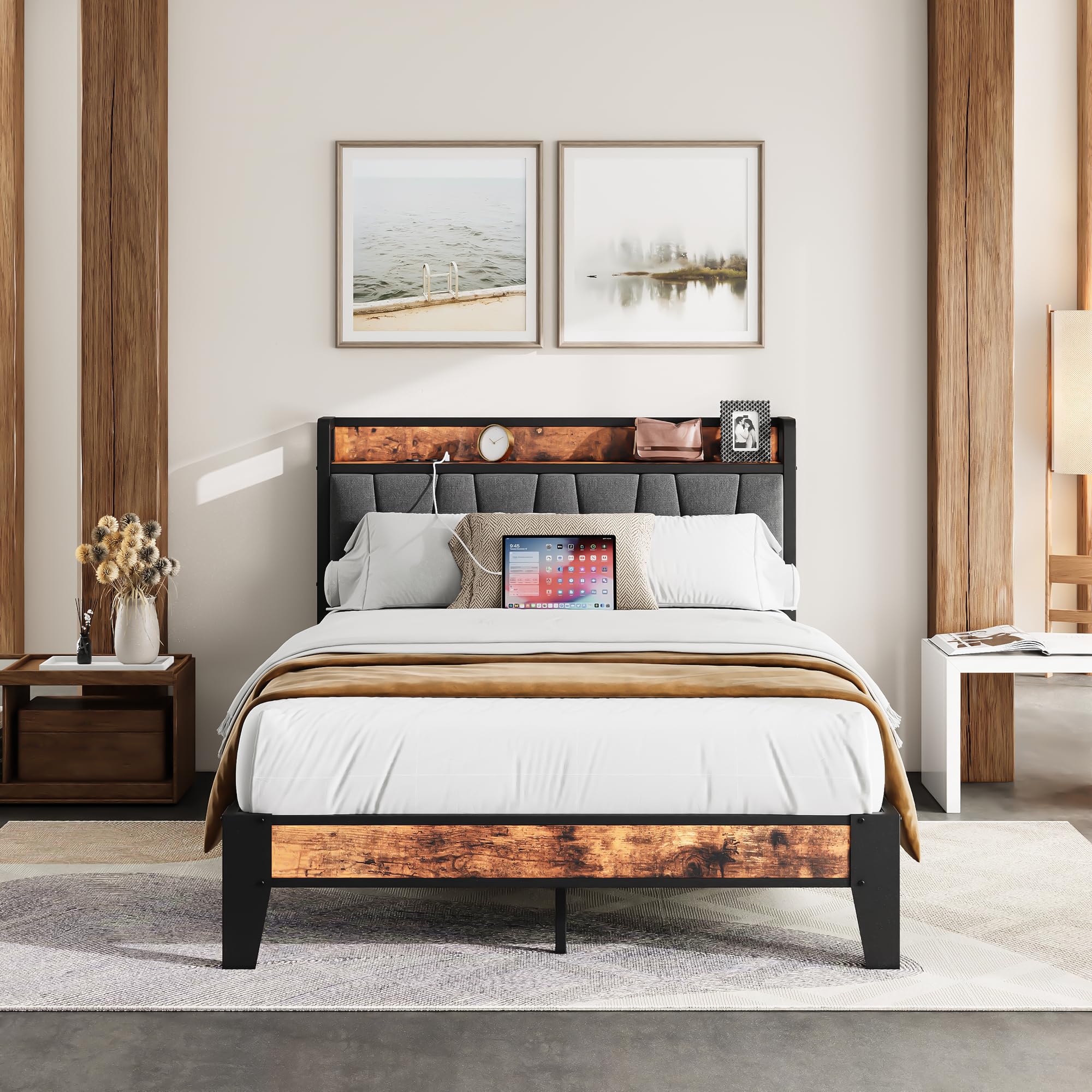 IRONCK Bett 120x200 mit Metal Lattenrost, Bettgestell 120x200cm mit Steckdosen, USB-Anschlüsse & Typ-C-Anschlüsse, Metallbett 120x200 mit Gepolstertem Kopfteil & Stauraum, Jugendbett