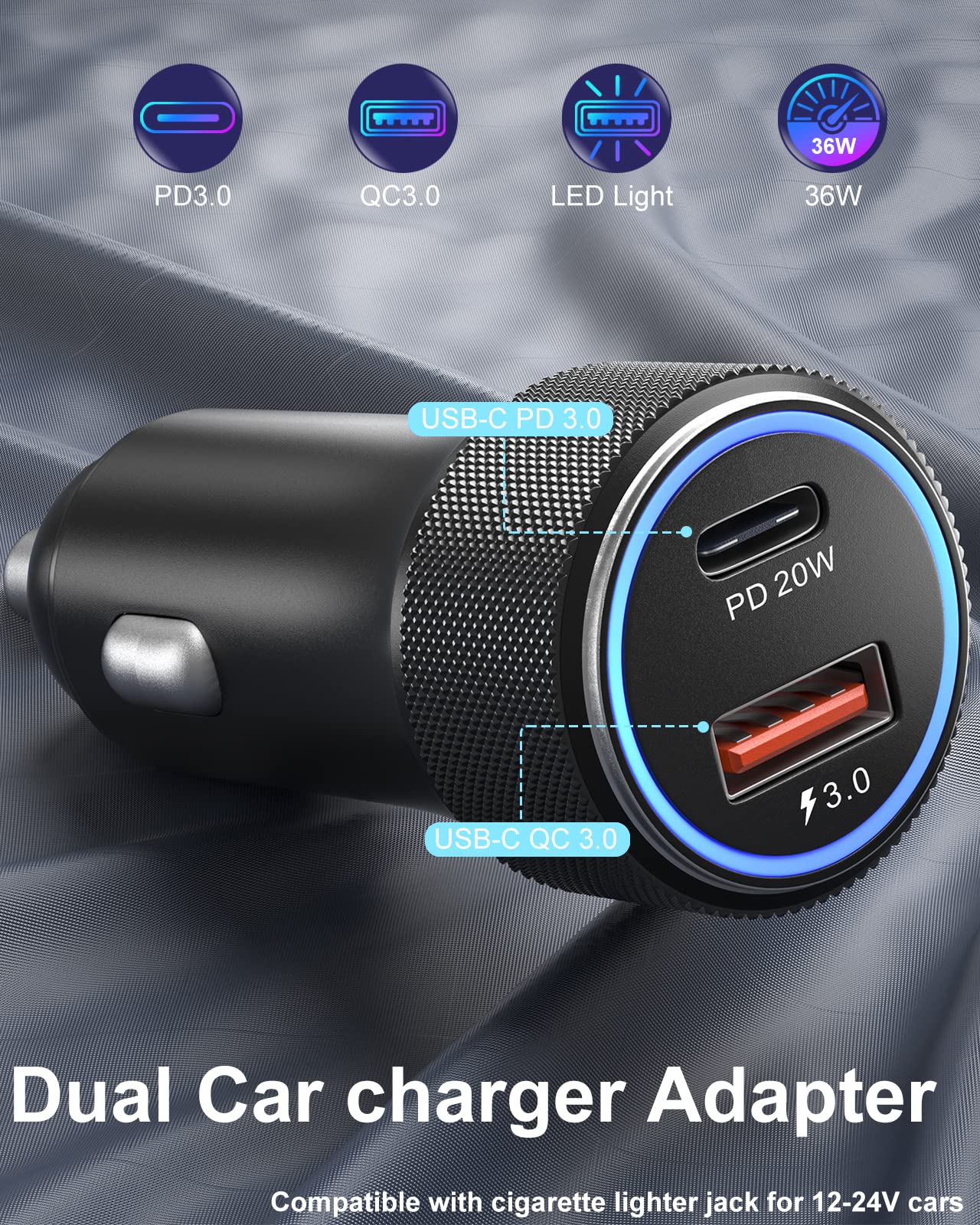 iphone 16 Car Charger Fast Charging, 2-Pack 38W PD/QC3.0 Car Phone Charger Adapter Cigarette Lighter USB Charger with 6FT USB C to USB C Cable for for iPhone 16 15 Pro Max/Galaxy/Pixel/iPad Pro(Black)