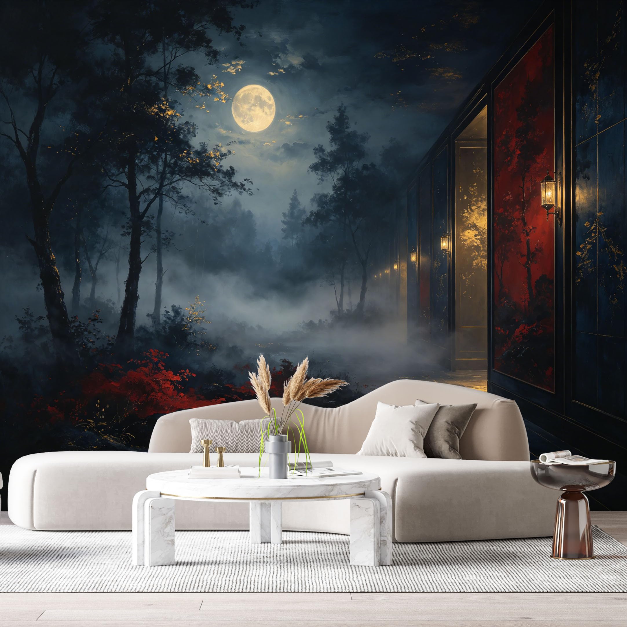 Custom Size Wall Murals Moonlit Forest Landscape Oil Painting Misty Trees Night Path Lantern Glow SelfAdhesive Wall Fabric Removable Large Wallpaper for Photo Living Room