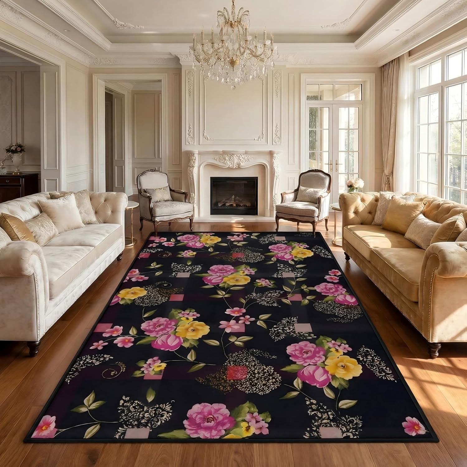 Washable Rug 5x7 Black Area Rug for Living Room Bedroom,Geometric Area Rug with Pink Gold Floral,Bohemian Retro Non Slip Carpet,Ideal for Home Office Patio Farmhouse Playroom Dining Room