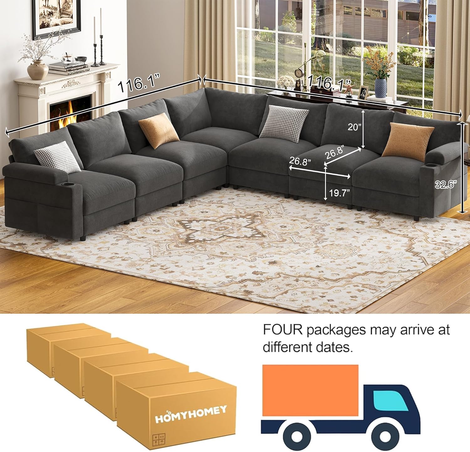 Sectional Couches for Living Room FSC Certified Velvet Modular Couch Oversized Cloud U Shaped Convertible Sleeper Sofa Chaise Detachable Armrest Cushion (Velvet Grey, Corner V Shape 7 Seat)