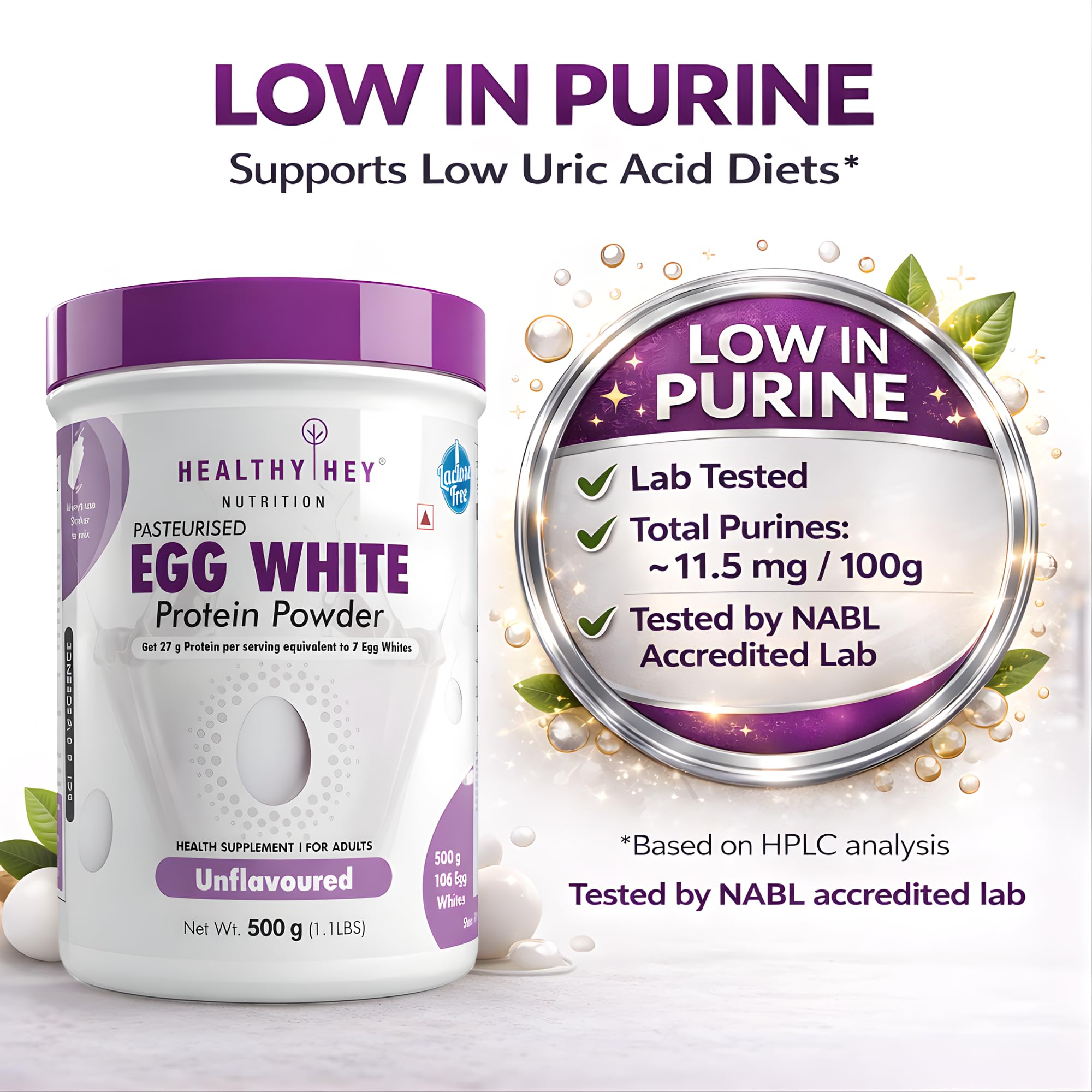HealthyHey Nutrition 100% Egg White Protein - Low in purine - Instant Mix - 80% Protein - Non GMO & Lactose Free - 500g (Unflavoured), 16 Servings 1