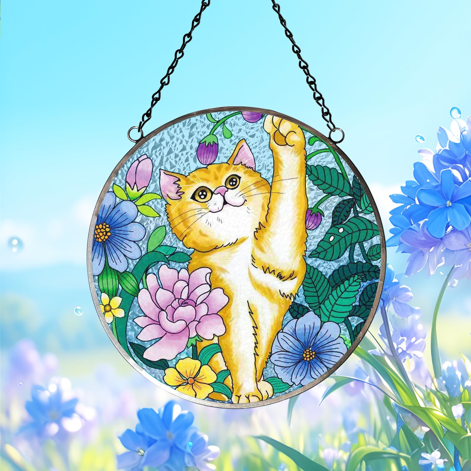 FONMY Glass Suncatcher, Cat Gifts for Women, Glass Window Hanging Decor.,Cat Suncatchers for Windows,Home & Garden, Hand Painted Glass Memorial Gifts for Mom,Cat Lover (6inch)