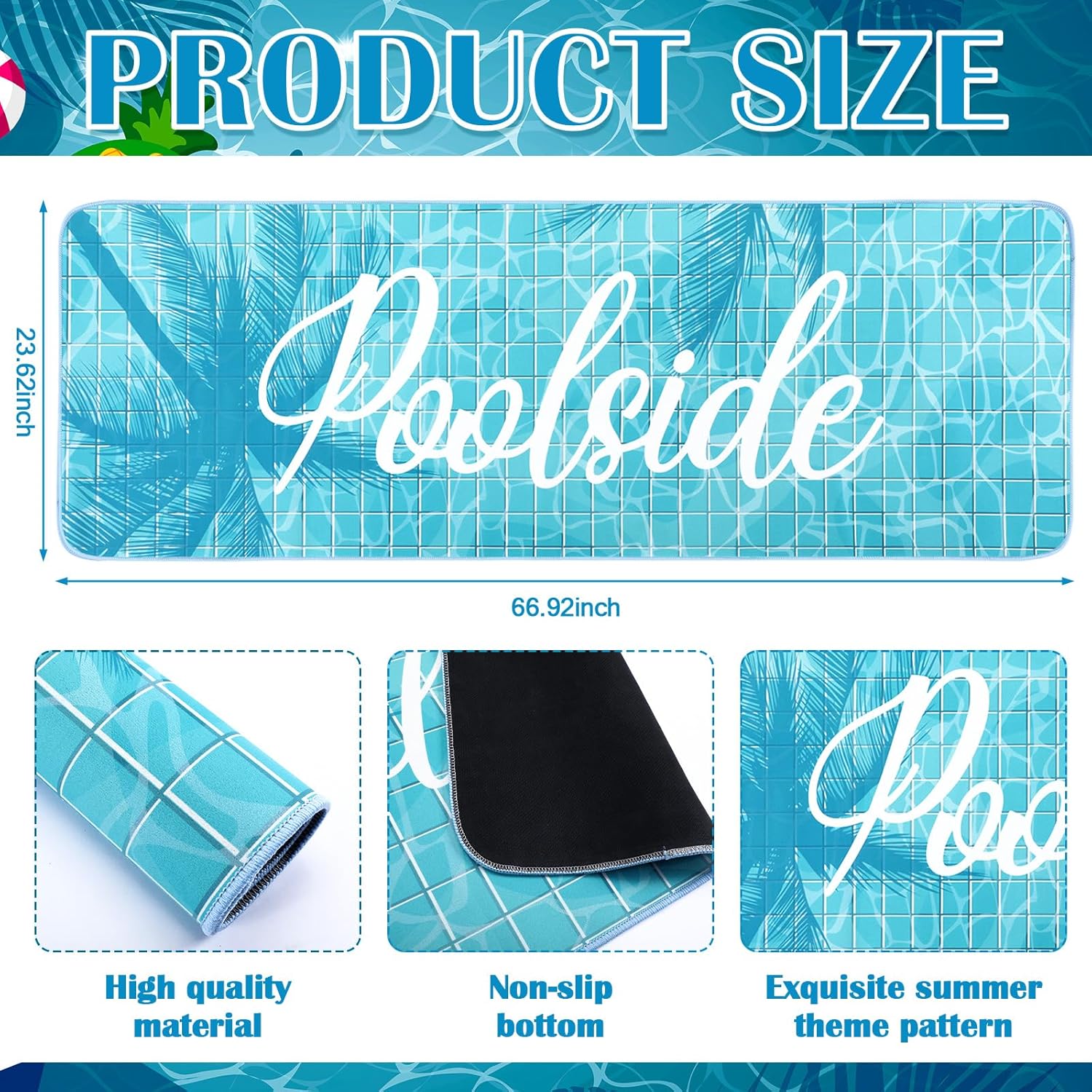 Jenaai Poolside Non Slip Outdoor Walk Pool Mat, Seating Mats for Edge of Pool Rubber Waterproof Deck Rug with Drainage for Floor Outside Summer Beach Swimming Decorative(Palm,24" X 67")