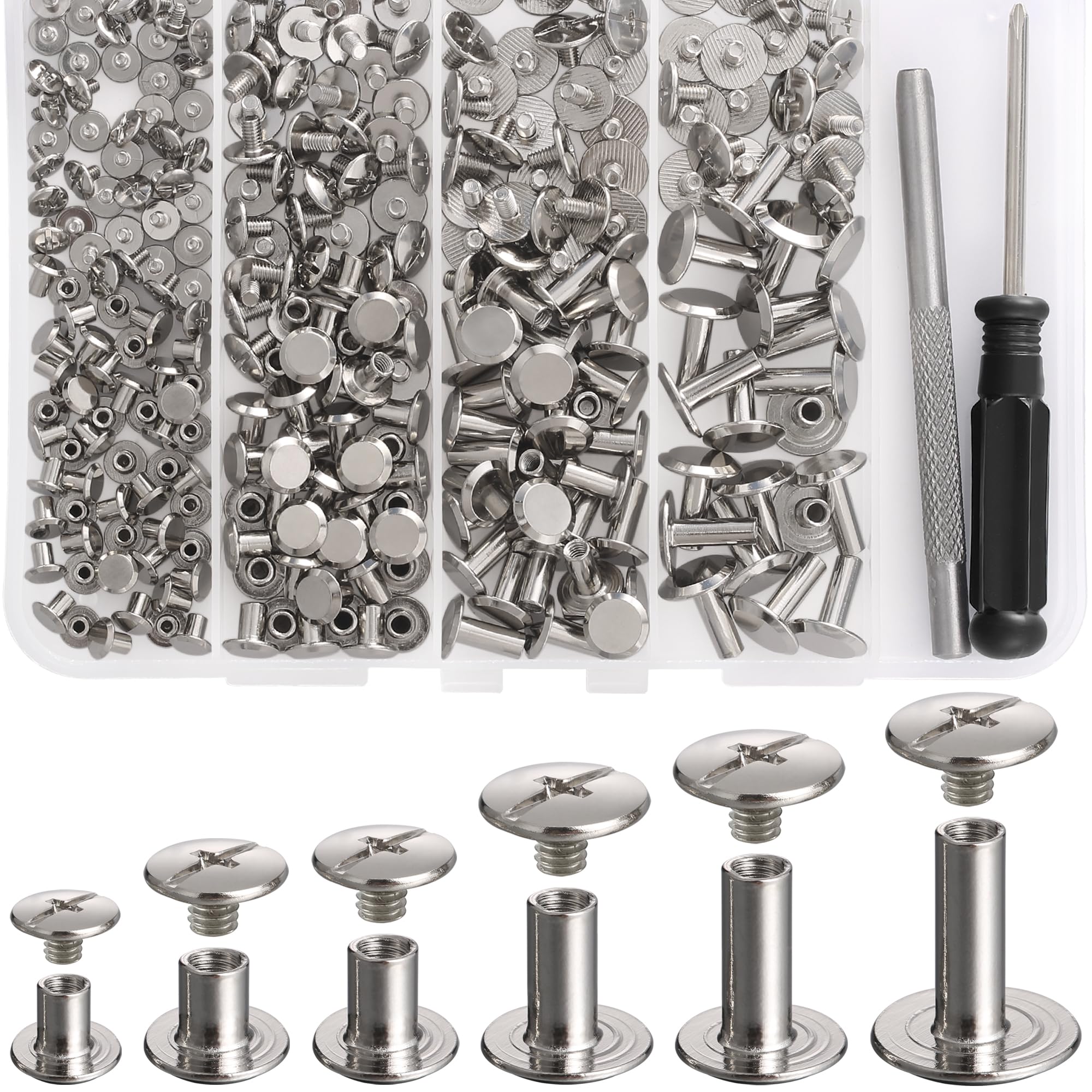 140 Sets Chicago Screws Leather Rivets Kit for Fabric Leather Crafting 6 Sizes Chicago Binding Screws for Decorate and Repair Belt Bag Shoes Purse Pet Collar Clothing Bookbinding (Silver)