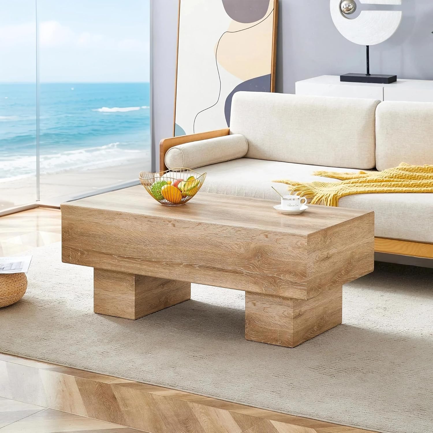 Wood Coffee Table, 43" Mid Century Modern Coffee Table, Rectangle Natural Wood Grain Texture Top with Thicken Block Legs, Wooden Tea Table for Apartment,Living Room,Small Space