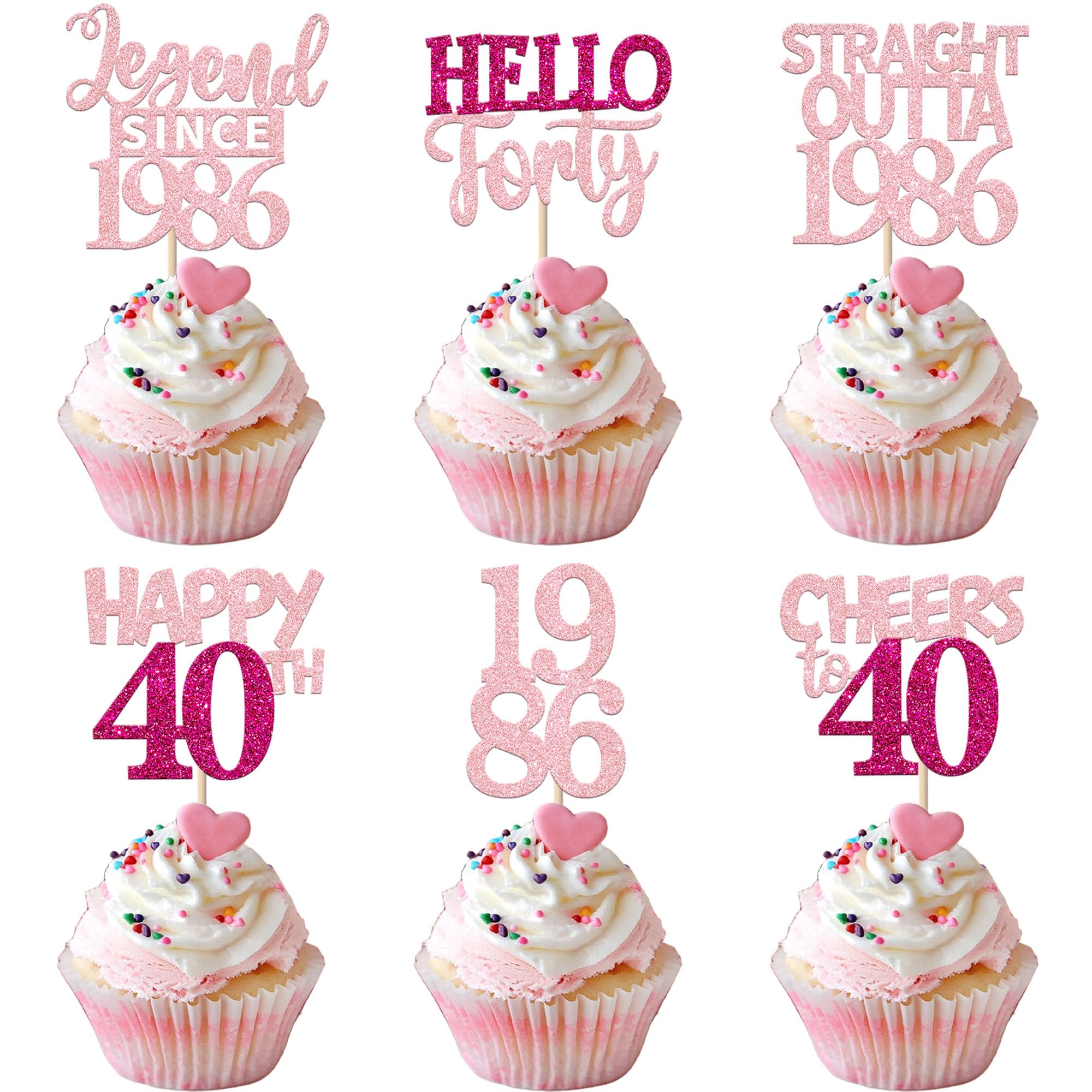 Xsstarmi 24 Pack 40th Birthday Cupcake toppers Pink Glitter Cheers to 40 years old Cupcake Picks for Hello forty Legend Since 1986 Birthday Party Cake Decorations Supplies