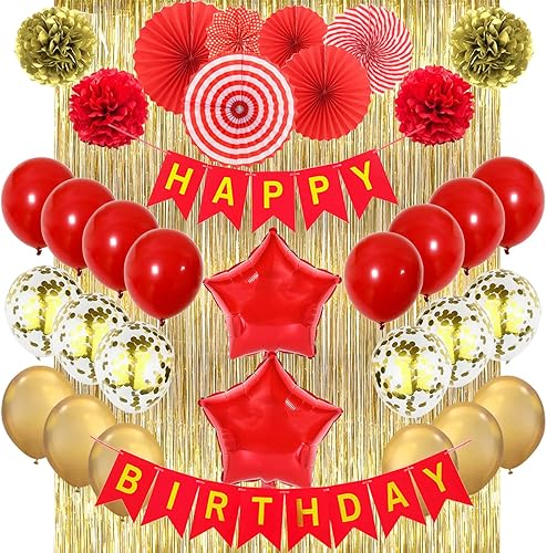 Miniatura 1 de Decoraciones de fiesta rojas y doradas, decoraciones de cumpleaños rojas, pancarta roja de feliz cumpleaños, globos, pompones, abanicos de papel
