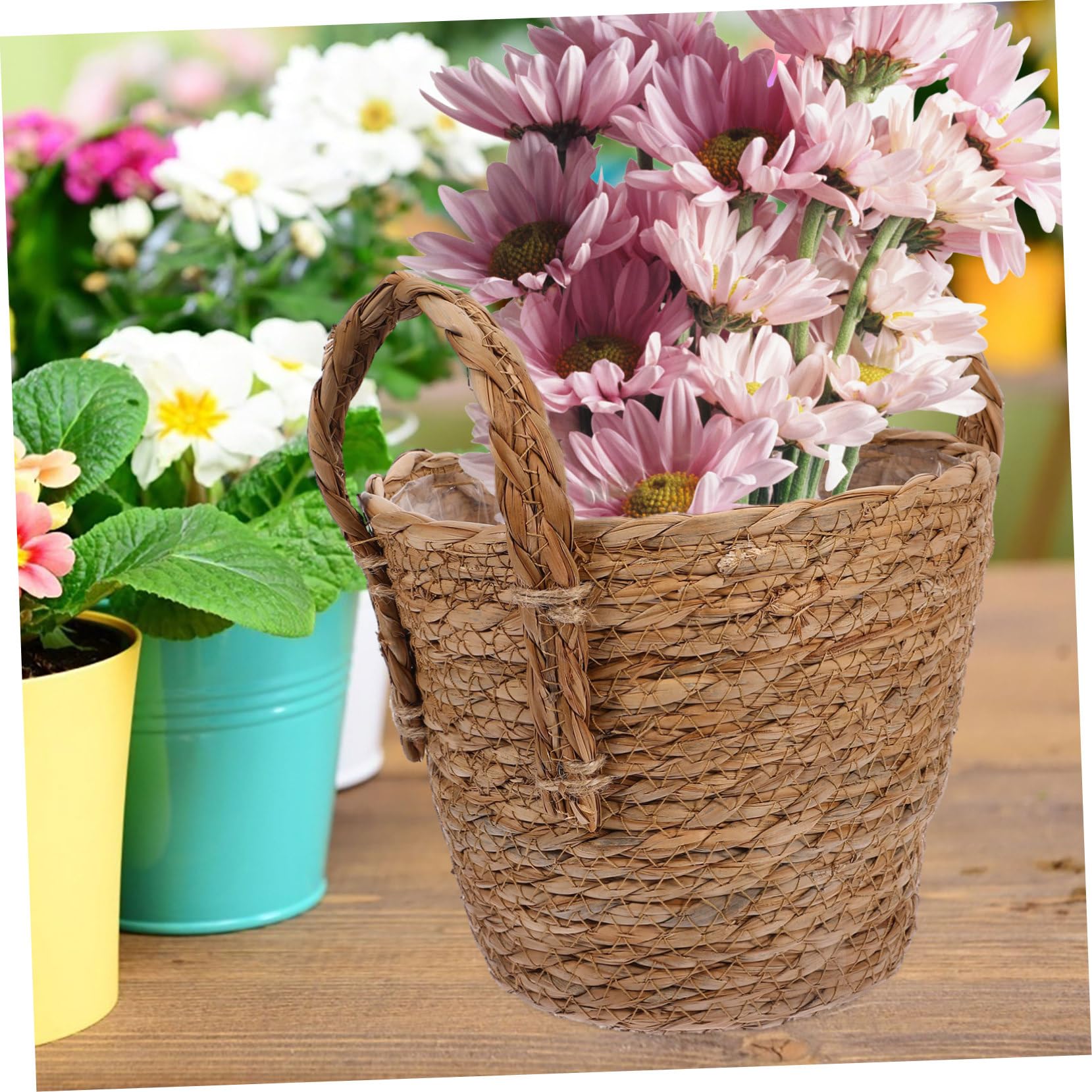 HEMOTON Woven Seagrass Plant Pot 6 Inch Diameter Indoor Straw Flowerpot with Waterproof Lining for Succulents and Decorative Greenery Storage Basket - Image 2