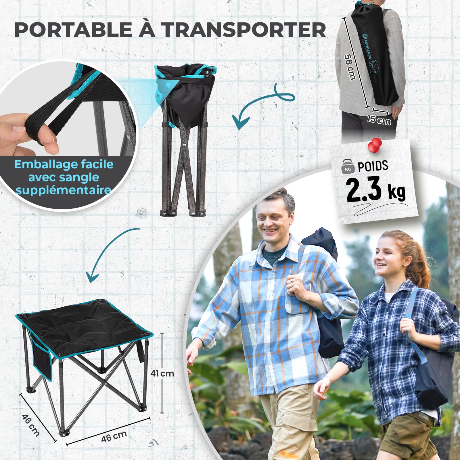 FUNDANGO Lot de 2 tabourets de camping pliables surdimensionnés de 46 cm - 180 kg - Avec sac de transport - Tabouret pliable - Pour camping, randonnée, pêche, noir