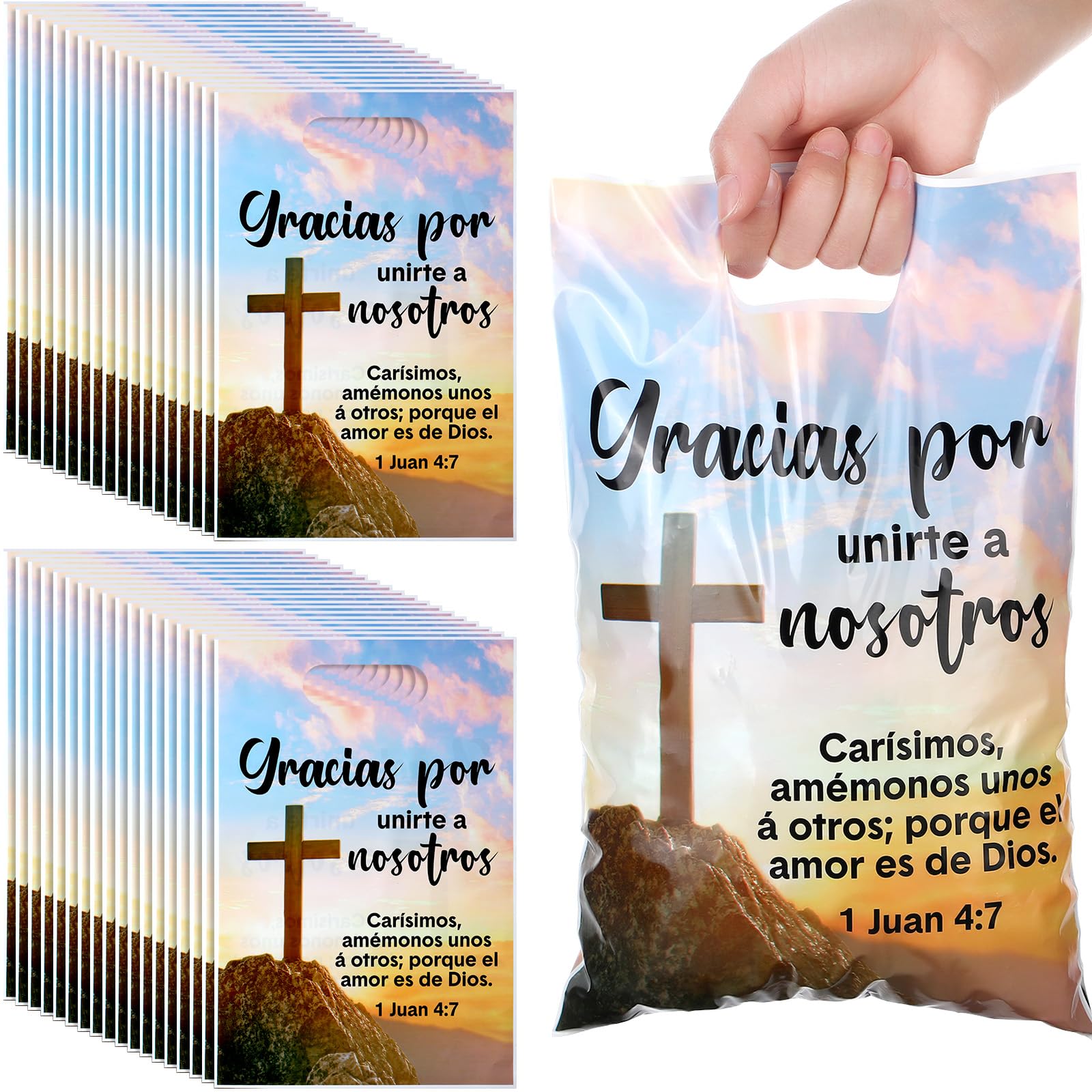 Panelee 50 Pcs Spanish Welcome to Our Church Bags Religious Plastic Brochure Church Gift 1 Juan 4: 7 (RVA) Treat Bags with Handles for Party Supplies