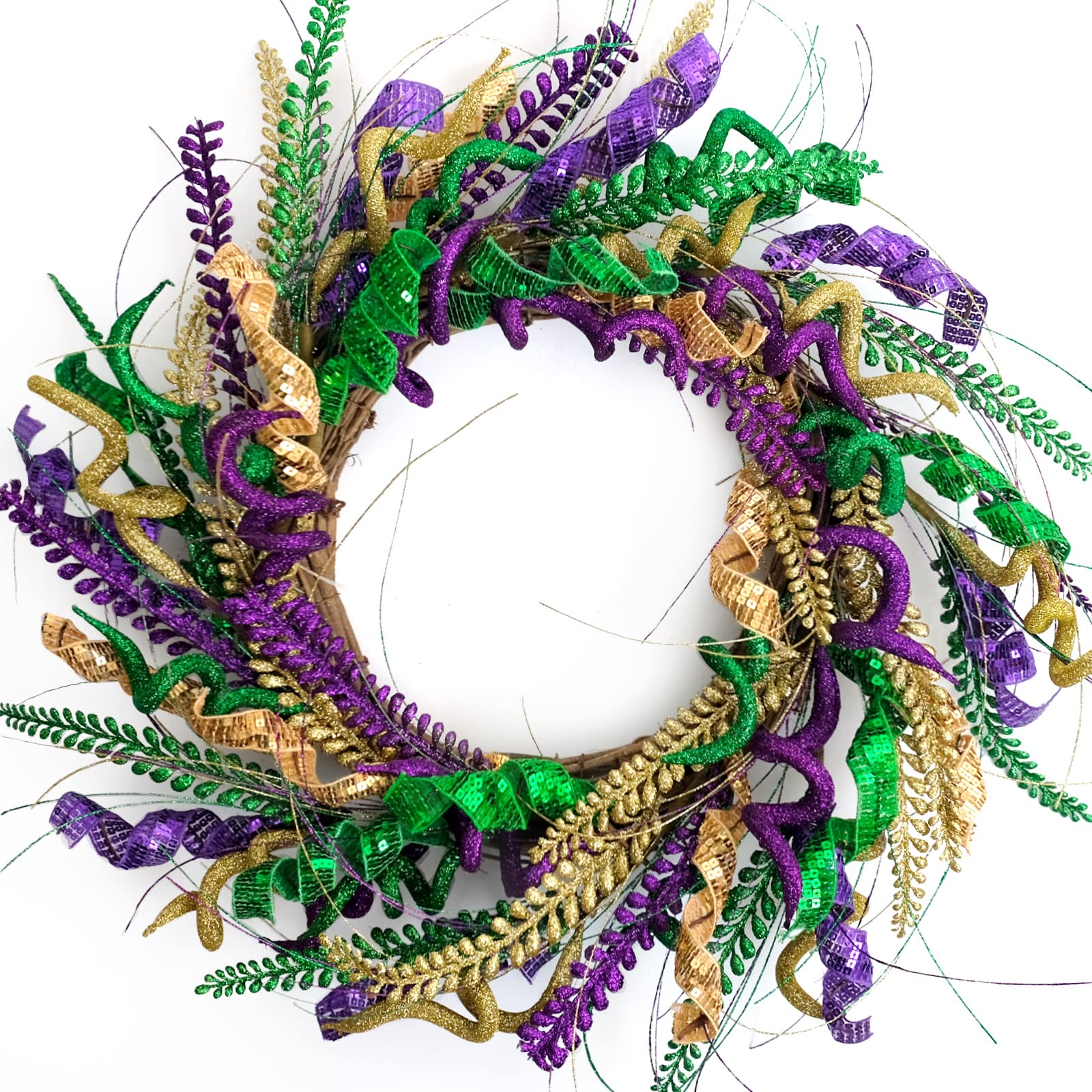 Bibelot 18 Inch Mardi Gras Purple and Green Glitter Wreath for Carnival Front Door and Party Decor, Mardi Gras Party Decoration Wreath for Home, Glitter Party Wreath for Indoor and Outdoor