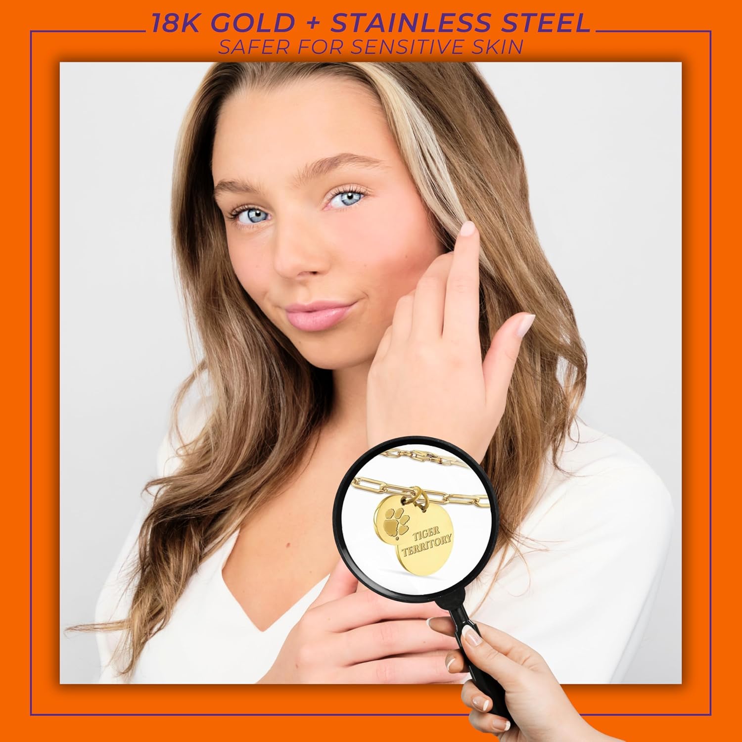 Stone Armory Bracelet for Clemson University – Clemson Tigers Jewelry - Paperclip Chain 18K Gold Finish Stainless Steel, Tiger Paw Logo + TIGER TERRITORY.- Adjustable up to 9in, Gift Pouch