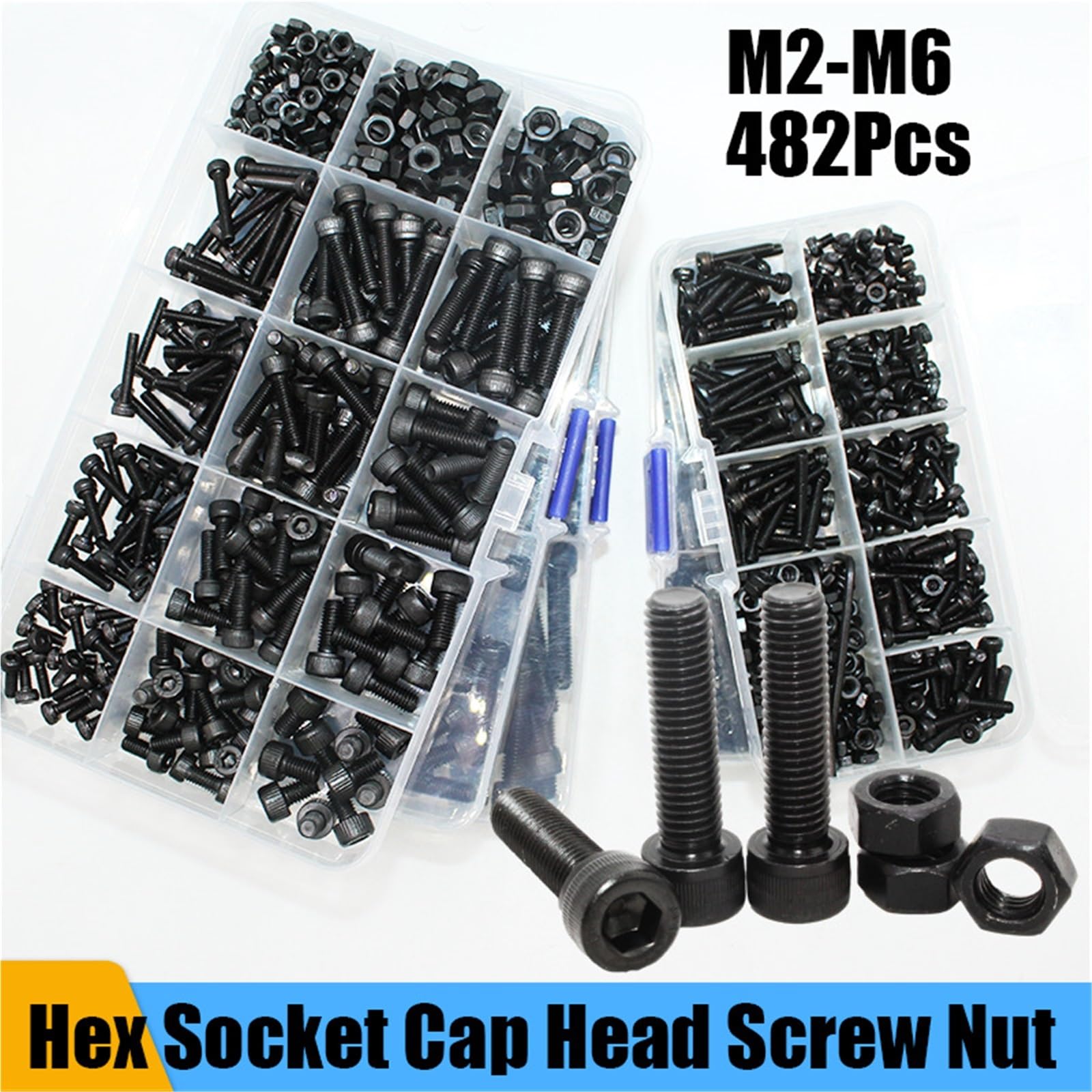 Juego De Tornillos Y Tuercas Tornillo y tuerca de cabeza hexagonal, M2, M3, M4, M5, M6, acero al carbono 12,9, tornillos Allen máquina, surtido tuercas(M5 242pcs)