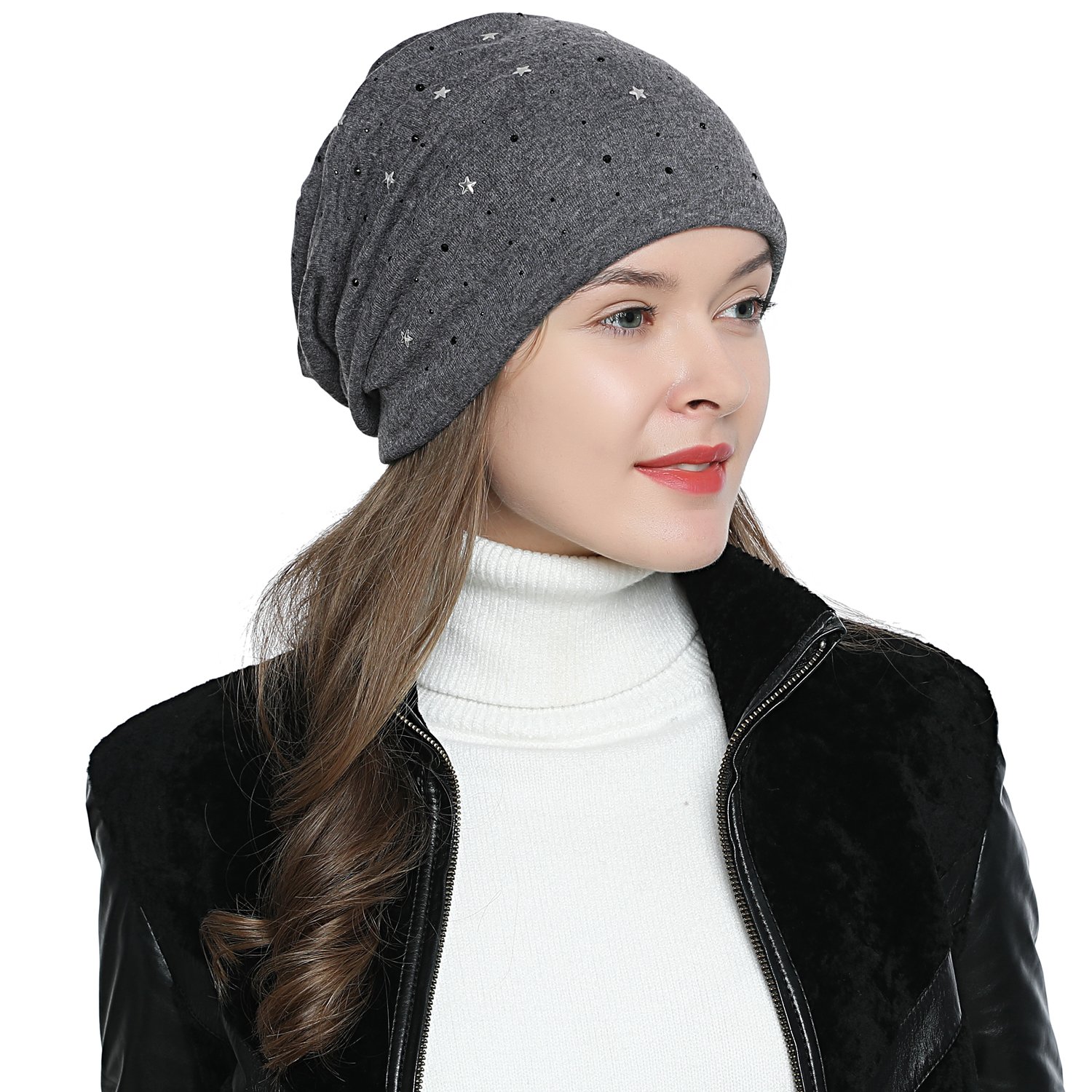 DonDon Mütze Damen Wintermütze Slouch Beanie gefüttert mit Stern Print