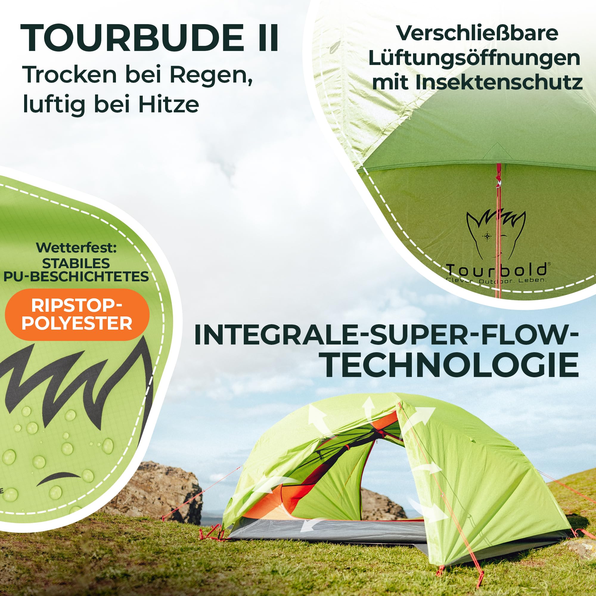 TOURBOLD® Tourbude II 2 Personen Zelt Ultraleicht <3 kg 5 Min. Aufbau | Wasserdicht 3.000 mm Doppelschicht Footprint inklusive Trekking Camping Festival