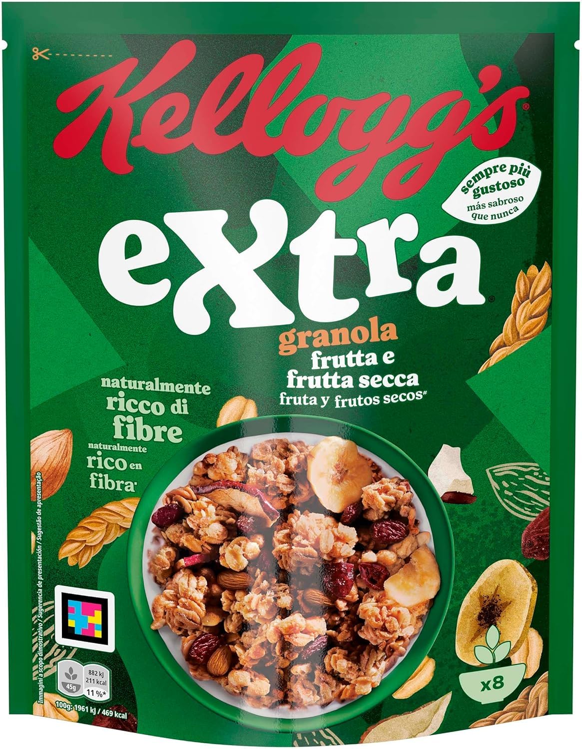Italian Gourmet Knusper-Granola muesli croccante 12 x 375g Früchte-Nüsse | Ricco di fibre; ballaststoffreiche Cerealien mit Milch oder Joghurt zum, Gesamtnettogewicht 4,5 kg + Kostenlos Polpa 400g