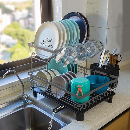 Escurridor de platos de hierro de 2 niveles, gran capacidad, escurridor de encimera de cocina con escurridor, boquilla giratoria, soporte extraíble