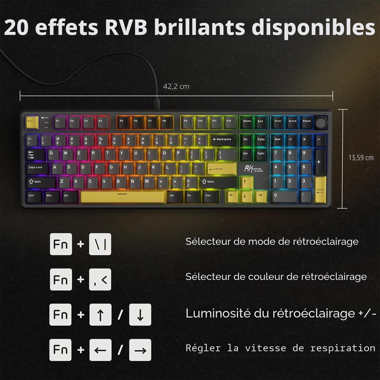 RK ROYAL KLUDGE X104 Clavier mécanique Filaire Pleine Taille, Bouton