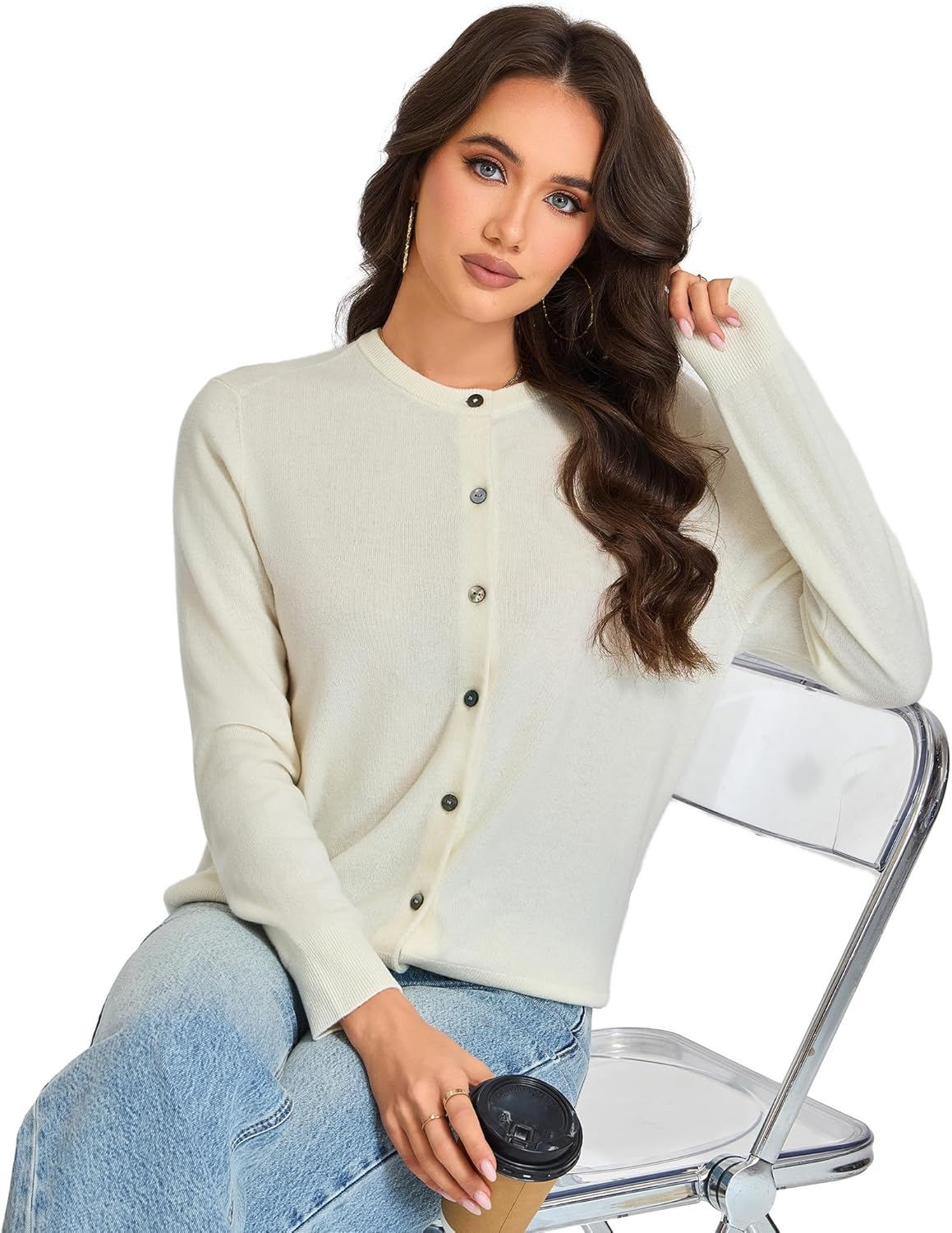 Womens Button Up Sweater - 100% Merino Wool Cardigan with Real Shell Buttons Knit Warm Sweater for Spring Fall Winter - Image 5