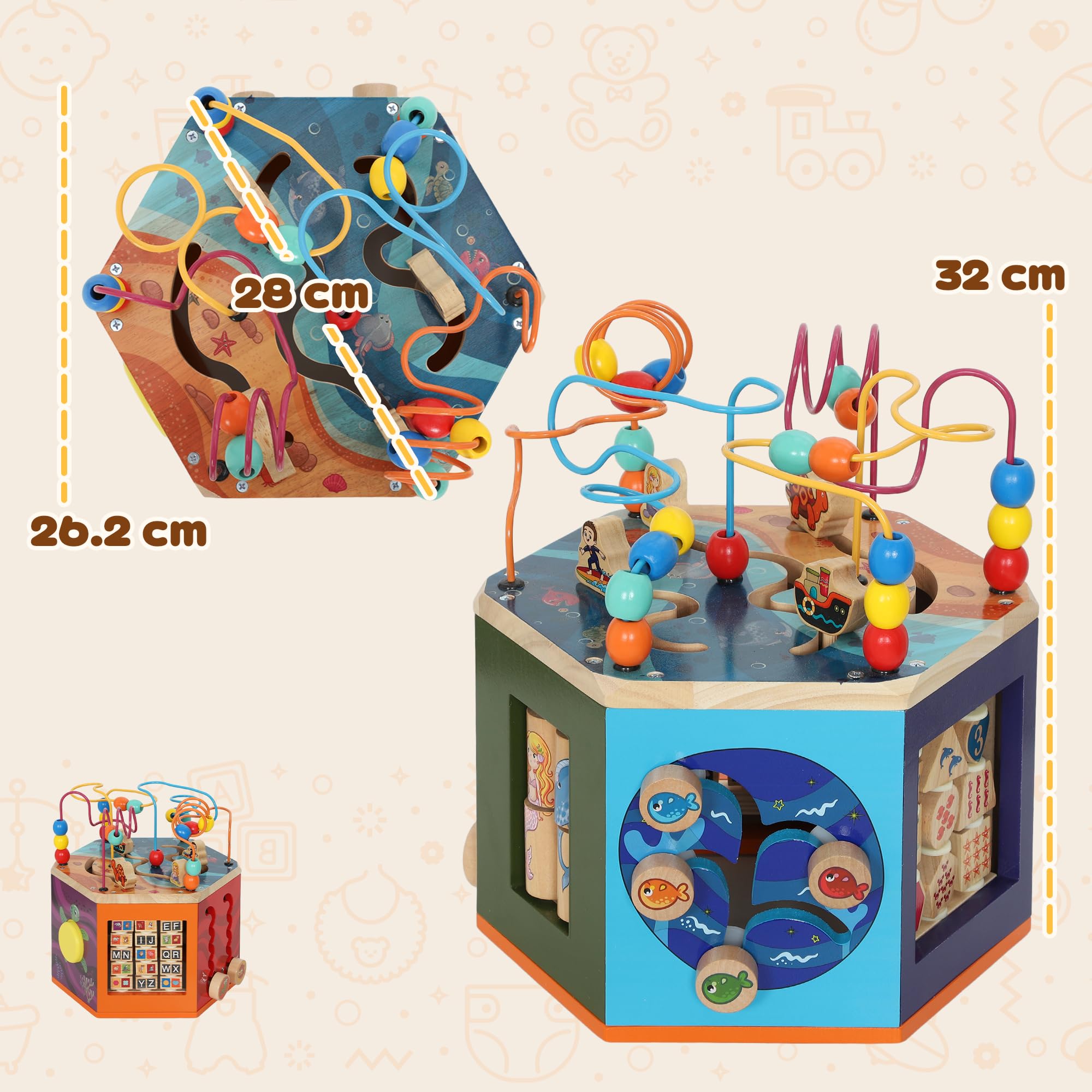 AIYAPLAY Wooden Activity Cube, Montessori Baby Toys with Bead Maze, Pattern Sorter, Early Educational Sensory Toys, Birthday Gift for Toddlers Boys and Girls 18+ Months