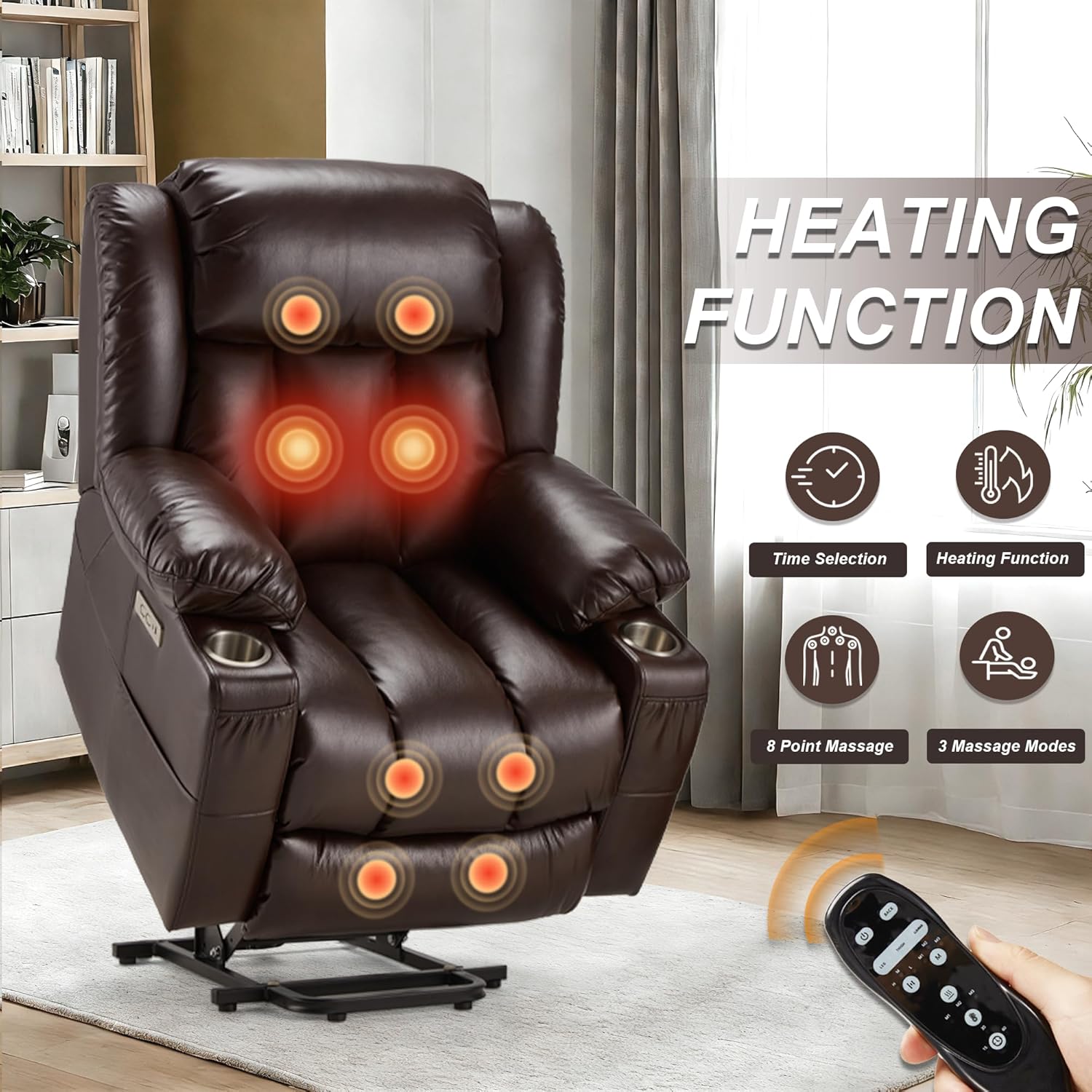 Aliphon Power Lift Recliner Chair for Elderly with Massage & Heat, Oversized Heavy Duty Recliner, Breathable Faux Leather, Featuring, Remote Control, 2 Cup Holders, USB & Type-C Ports, Brown