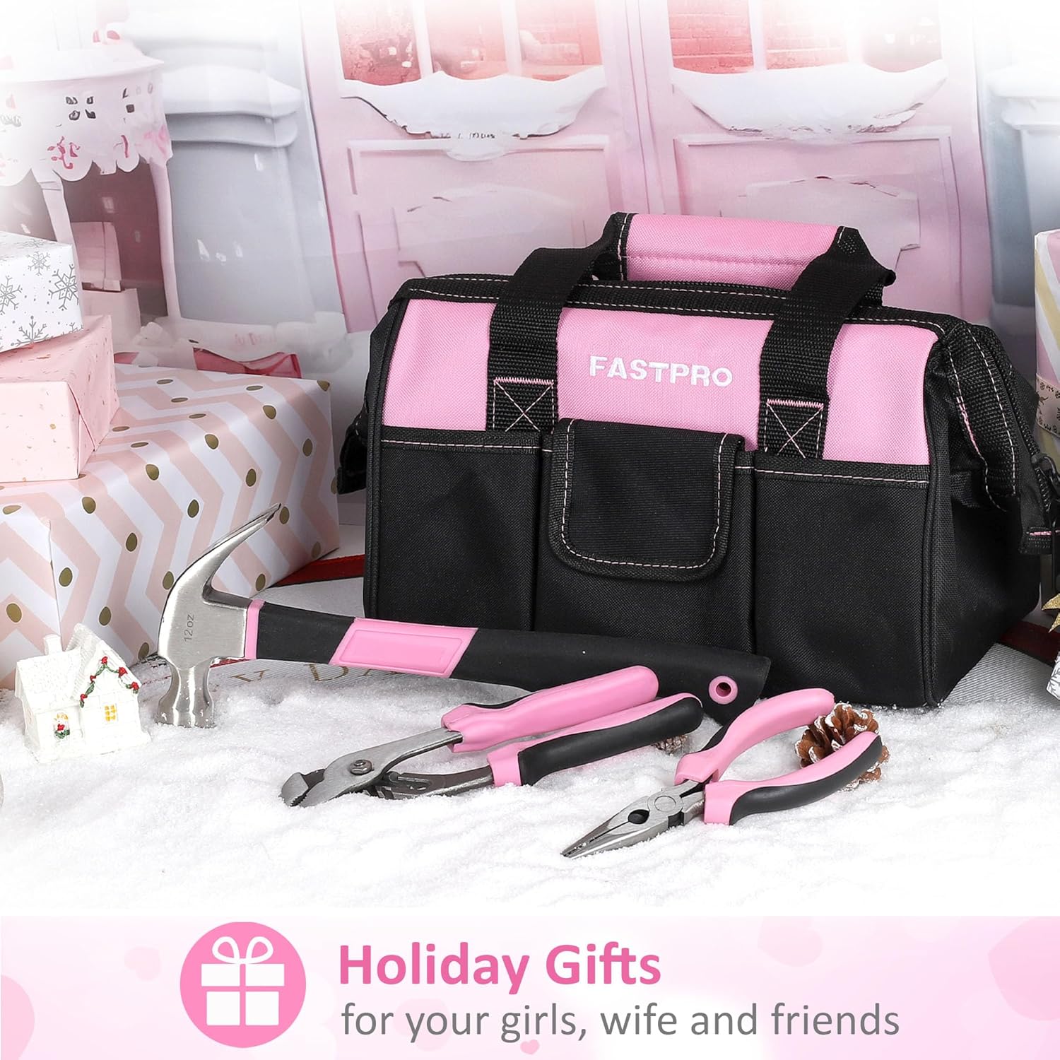 FASTPRO Pink Tool Set, 220-Piece Lady's Home Repairing Tool Kit with 12-Inch Wide Mouth Open Storage Tool Bag