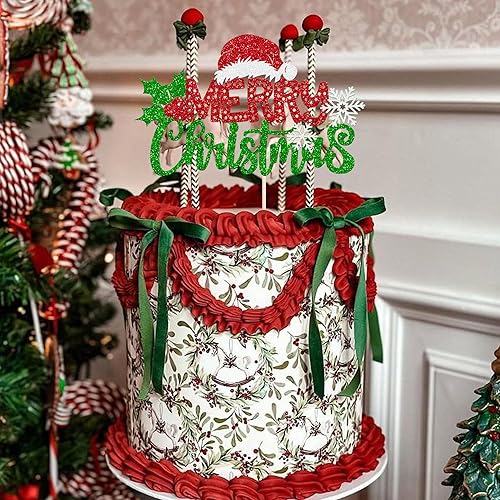 Vista 61 de Rsstarxi 1 paquete de decoración de pastel de Navidad con purpurina verde y rojo hojas de acebo y bayas, sombrero de Papá Noel, barba, decoración