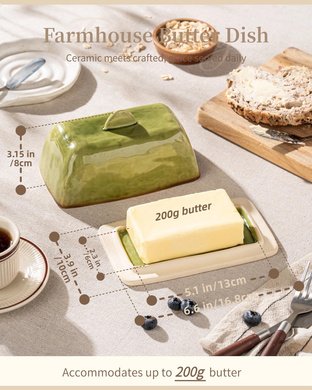 Besmeety Beurrier en céramique avec couvercle et poignée pour plan de travail, garde-beurre européen 200 g, décoration de ferme (vert)