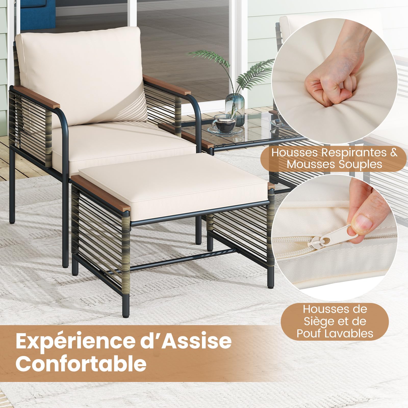 COSTWAY Ensemble de Mobilier de Jardin 5 Pièces, Salon de Jardin en Rotin PE avec Coussins 2 Ottomanes Table Basse en Verre Trempé, Meuble Extérieur pour Patio Cour Terrasse (Marron+Beige)