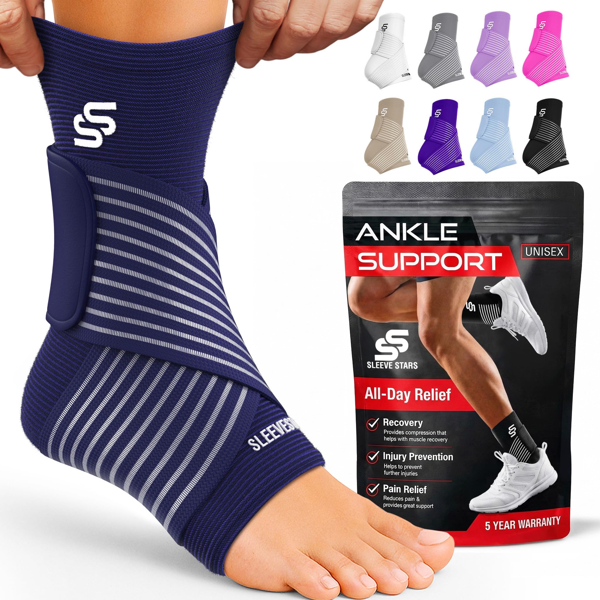 Sleeve Stars Knöchelbandage, Knöchelstütze Fußball, Achillessehnenentzündung, Fersenstütze für Plantarfasziitis, Knöchel-Kompressionsmanschette & Fußriemen für Männer & Frauen (S/Marineblau)