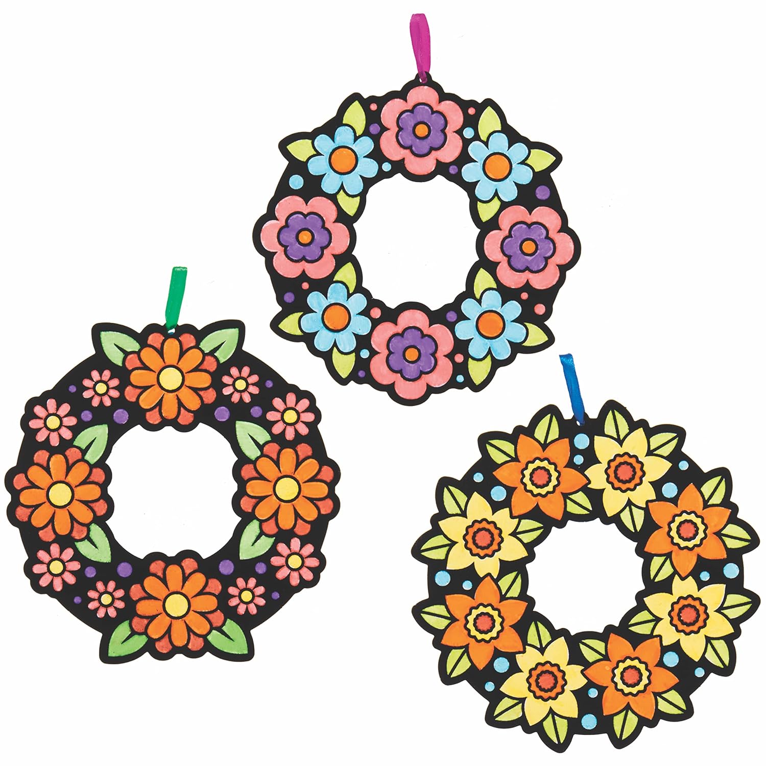 Baker Ross AX882 Flower Wreaths - Pack of 10, Kids Fuzzy Art Decorations for Spring Crafting, Colouring and to Display!