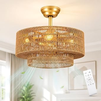 Boho Ceiling Fan with Light 4-Lights Hand Woven Rattan Chandelier with DC Reversible,6 Speeds, 3CCT - Farmhouse Caged Ceiling Fan for Bedroom,Living Room,Kitchen,Nursery,Island