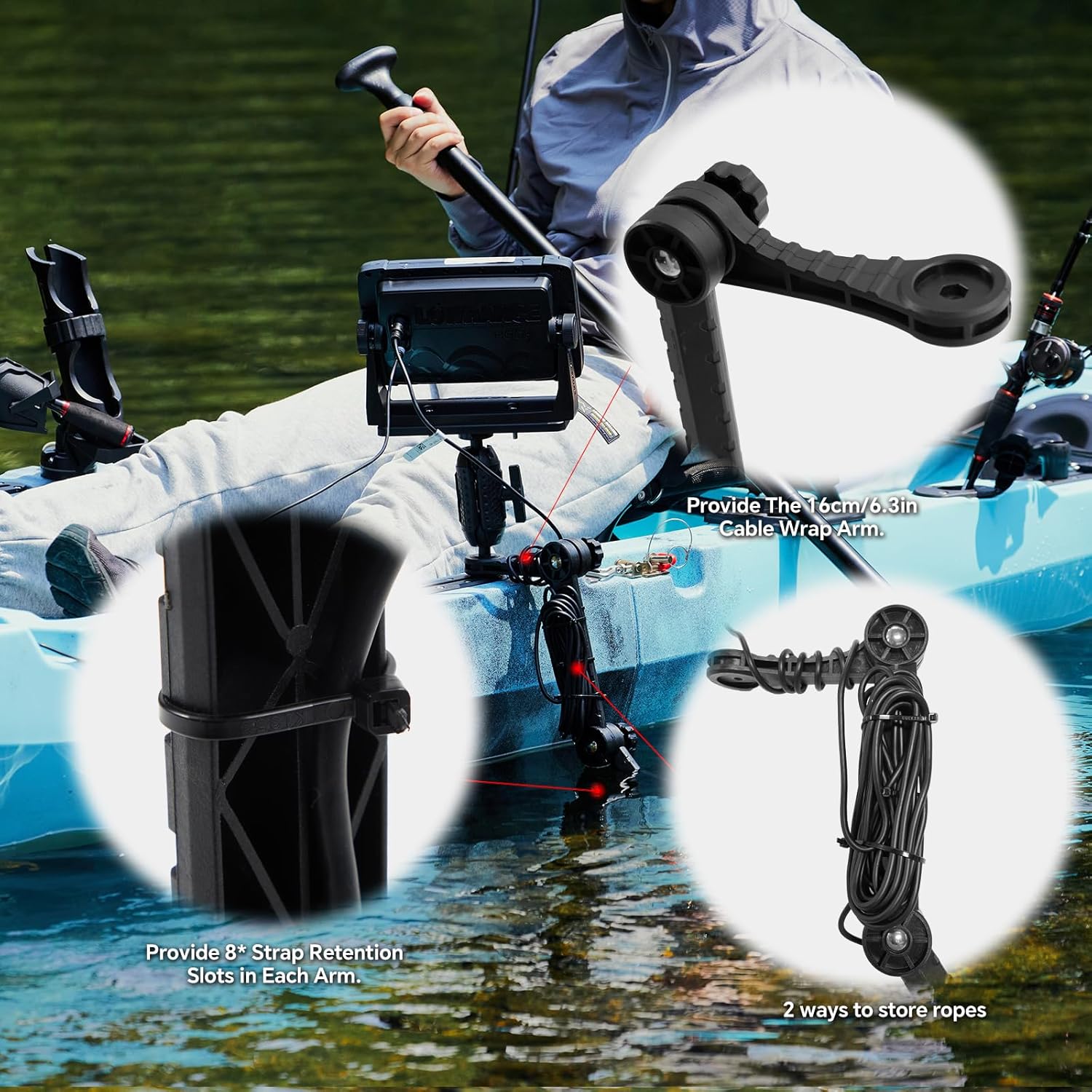 HITORHIKE Kayak Fish Finder Mount with Transducer Arm Options Holds up to 9" Electronics Compatible with Garmin Lowrance Humminbird(Track Mount Base Pro Max Set with Arms and A Track)
