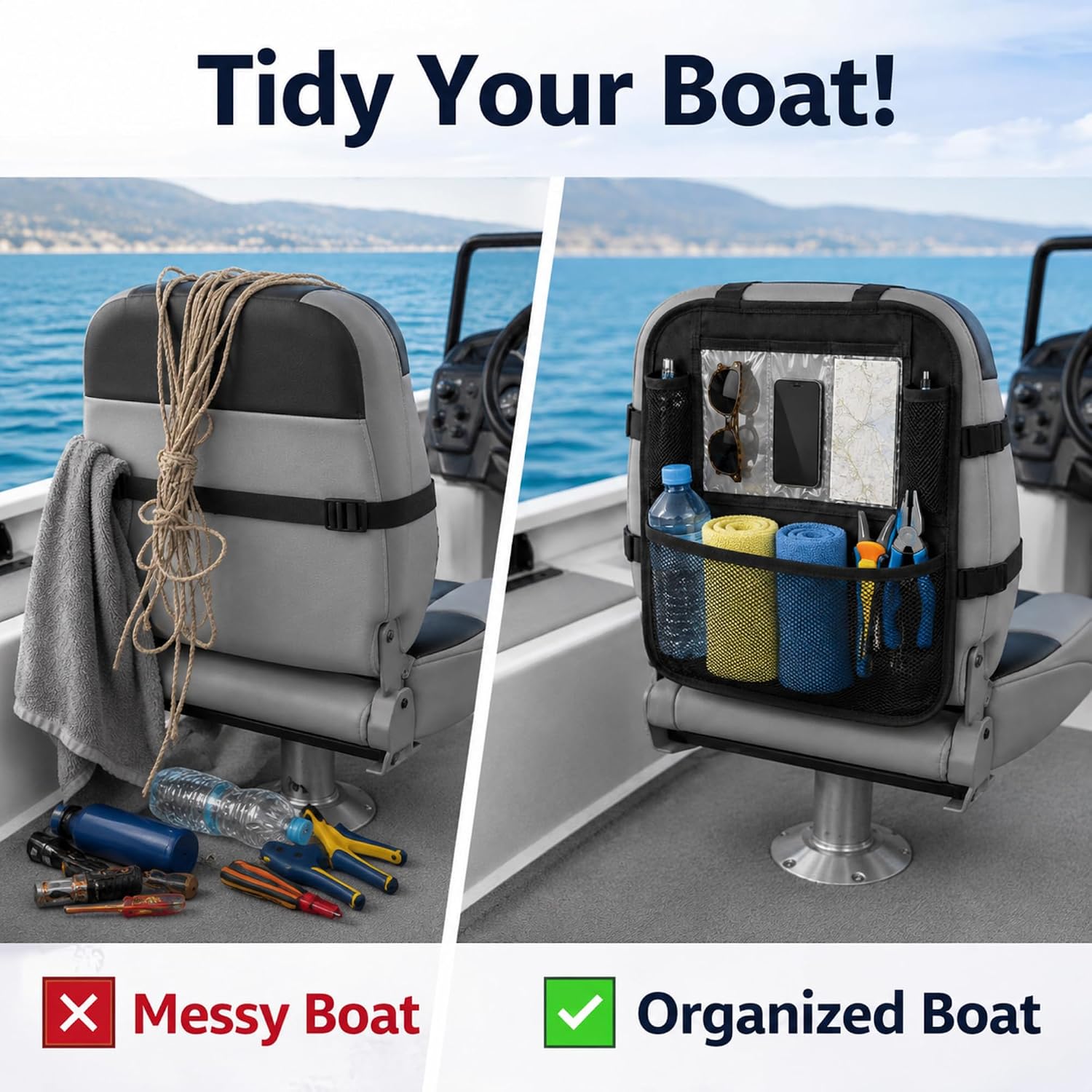 Boat Seat Organizer with Mesh Pockets for Fishing Boats | Clear and Mesh Storage Pockets Keep Fishing Gear, Phones, Maps, Bottles, and Tools Organized and Easy to Reach