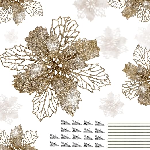 GWHOLE Weihnachtsblumen Christbaumschmuck - 21-teilig In Champagner Mit Glitzer