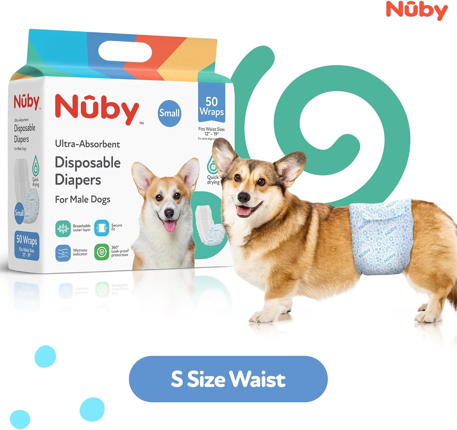 Nuby Pets Disposable Male Dog Wraps with Wetness Indicator, Absorbent & Leak-Resistant Belly Bands for Male Dogs, Small (12–19" Waist), 50 Count