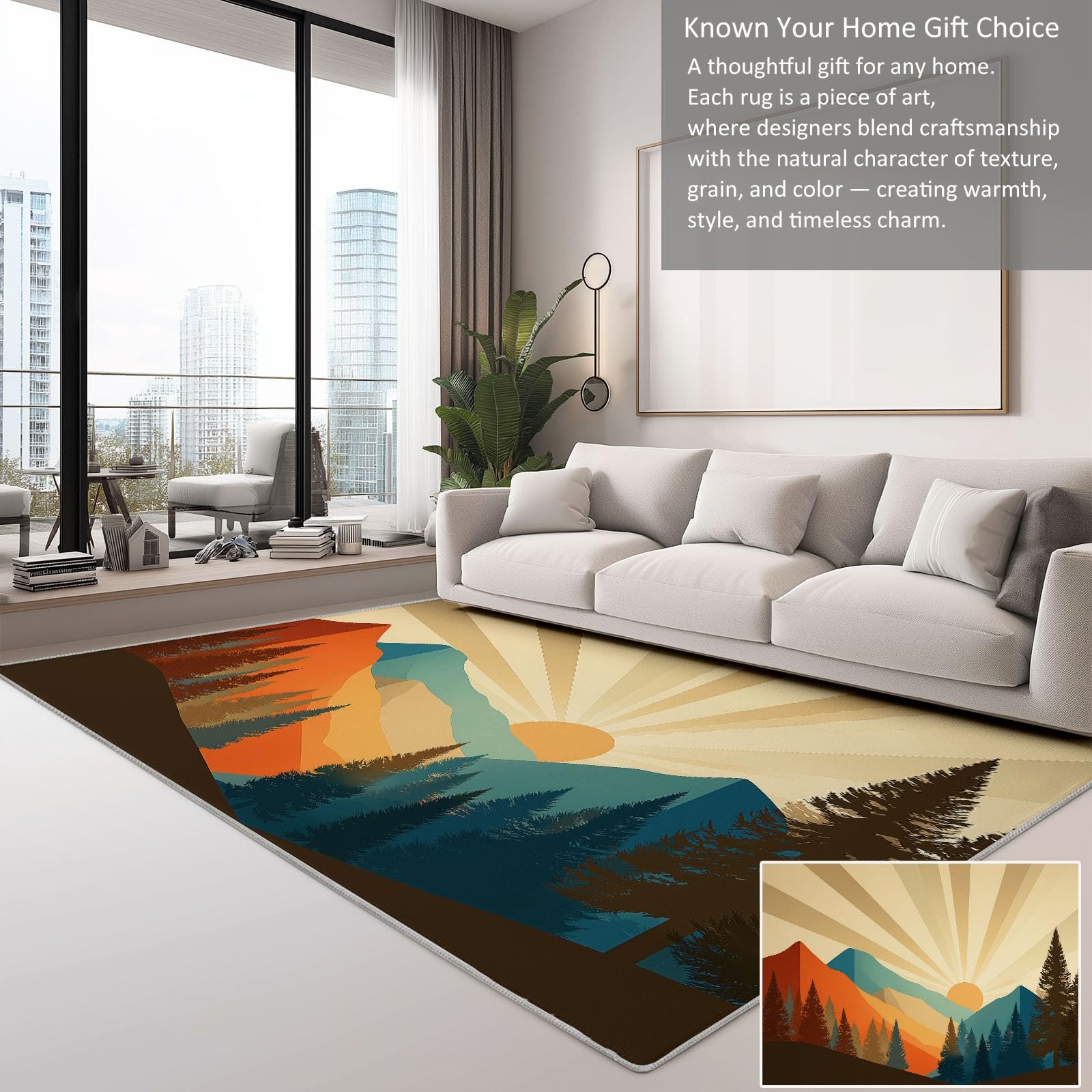Tappeto Salotto Moderno Paesaggio Montuoso Astratto Solare Pini Montagne 160 x 230 cm Tappeto Camera da Letto, Beige Adolescenti Bambini Soggiorno Tappeti Lavabile Antiscivolo Morbido Tappetino