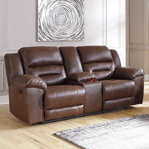 Miniatura 30 de Signature Design by Ashley Stoneland - Sofá biplaza reclinable manual de piel sintética con consola central, color marrón claro