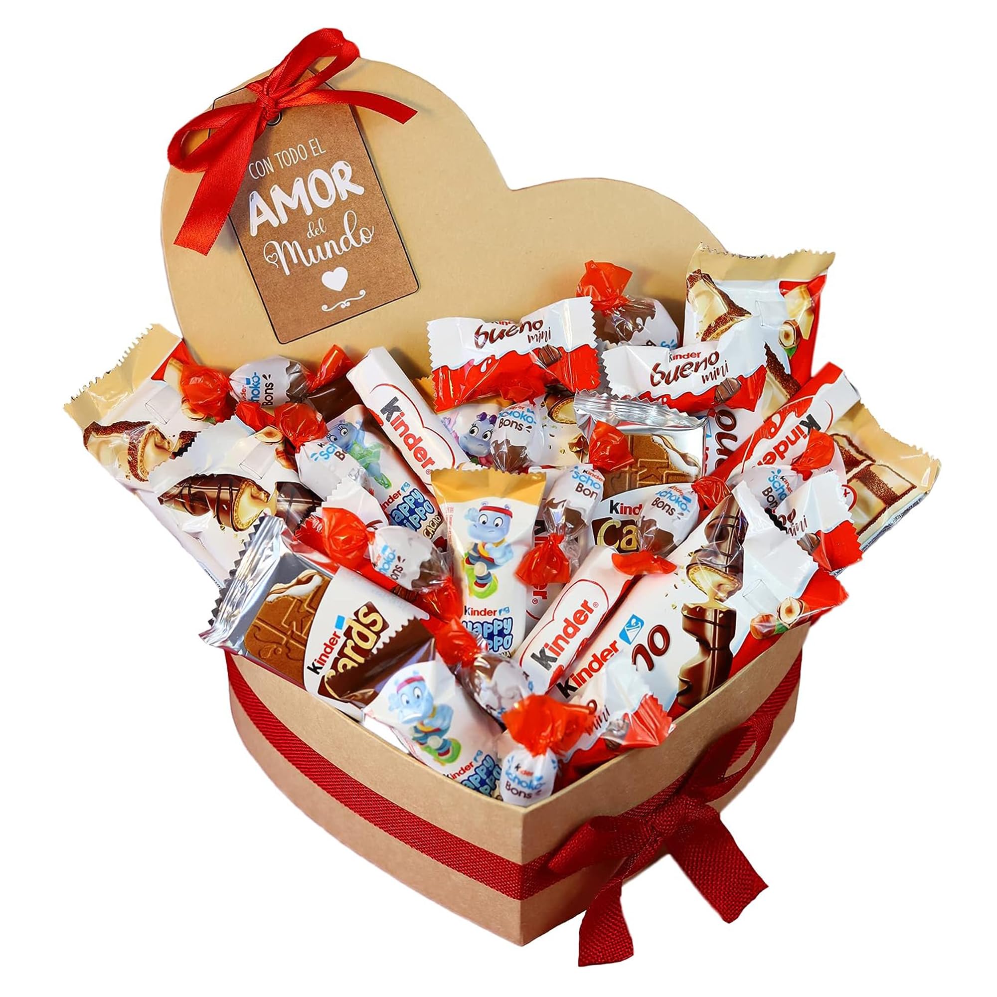 Onza Corazón San Valentín de Chocolates Kinder Bueno para regalar - Caja Chocolates originales con Kinder Bueno Mini, Schokobons, Happy Hippo, Kinder Bueno White - San valentin regalos mujer