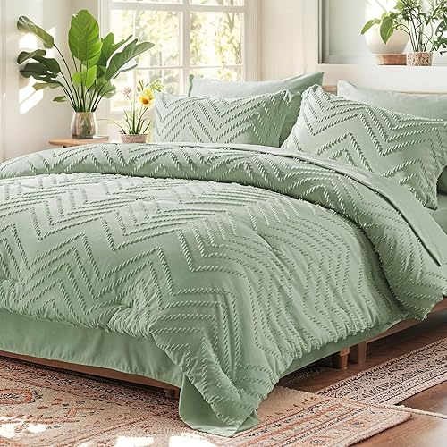 Anluoer Juego de edredón completo, verde salvia, 7 piezas con sábanas, ropa de cama para todas las estaciones, alternativa de plumón extra