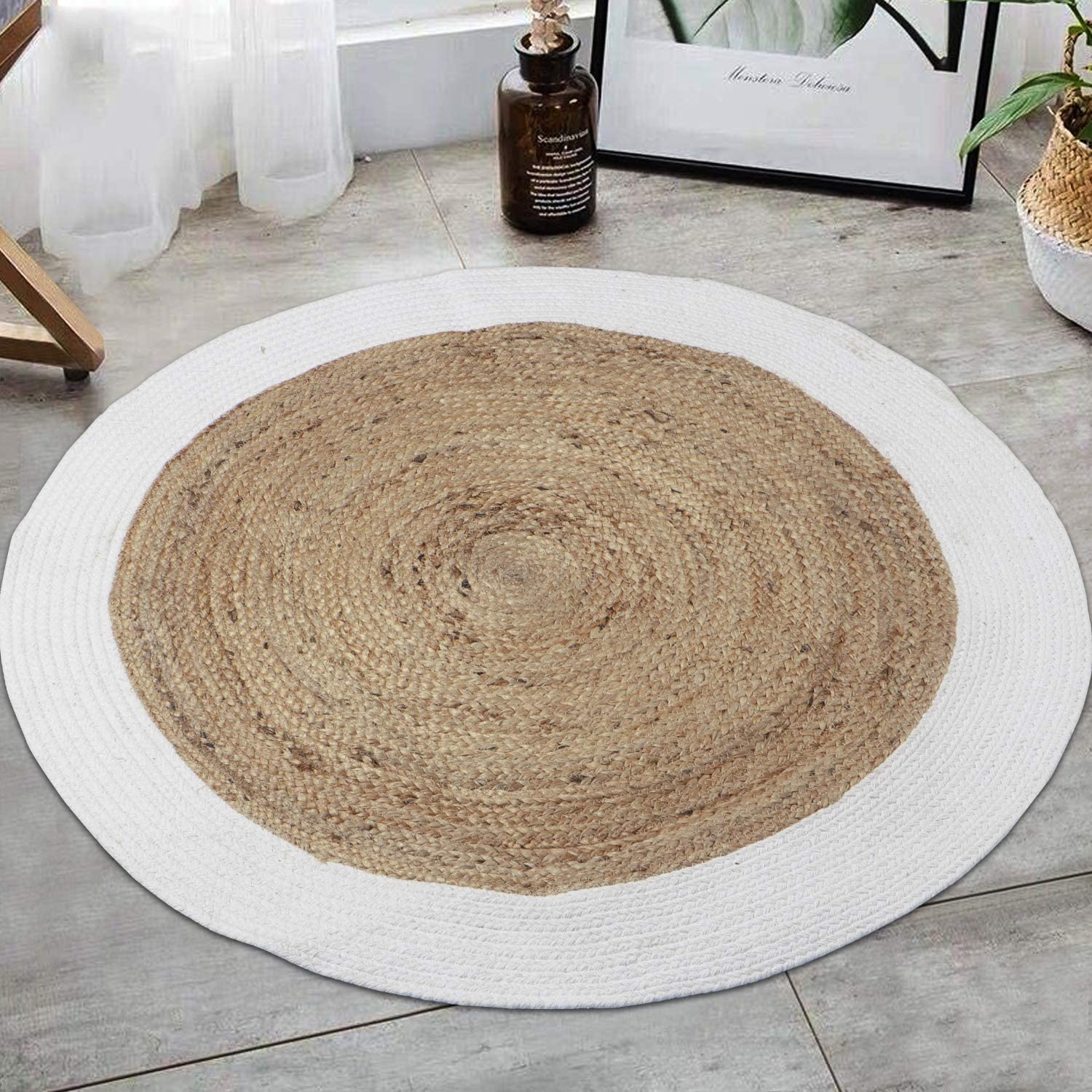 Handgefertigter reiner natürlicher Jute-Teppich für Wohnzimmer, Jute Runde Bodenmatte, Teppiche für Wohnzimmer, Jute Mitte Tisch Teppich (10 x 10 Fuß Rund (300 cm x 300 cm)