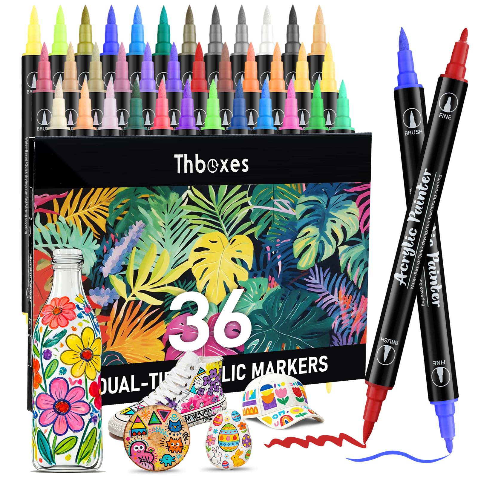 Thboxes 36 Colours Acrylic Paint Pens, Dual Tip Acrylic Markers Felt Tip Pens Brush Pens Waterproof Colouring Pens for Adults Paint Markers for Rock Glass Fabric — image 1