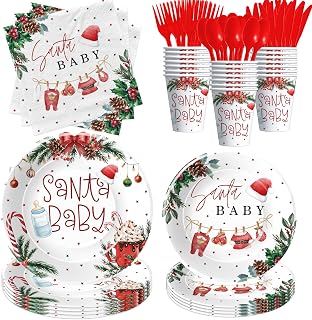 Christmas Baby Shower Decorations, Santa Baby Shower Decorations Tableware, Christmas Paper Plate, Cup, Napkin, Disposable Cutlery, Xmas Holiday Theme Merry Little Party Supplies, Serves 24