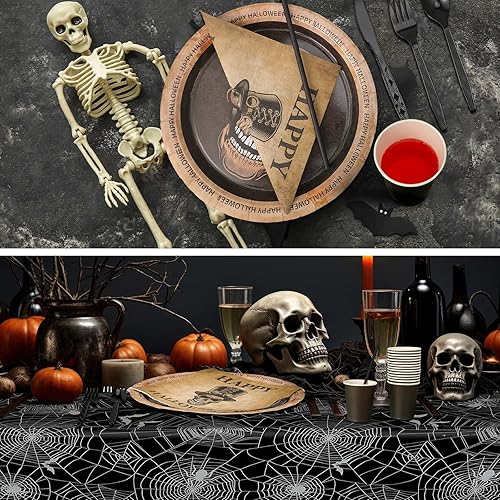 Miniatura 4 de Sliner 227 piezas de suministros para fiesta de Halloween, juego de vajilla de Halloween, incluye 50 platos de papel, 2 manteles de plástico de