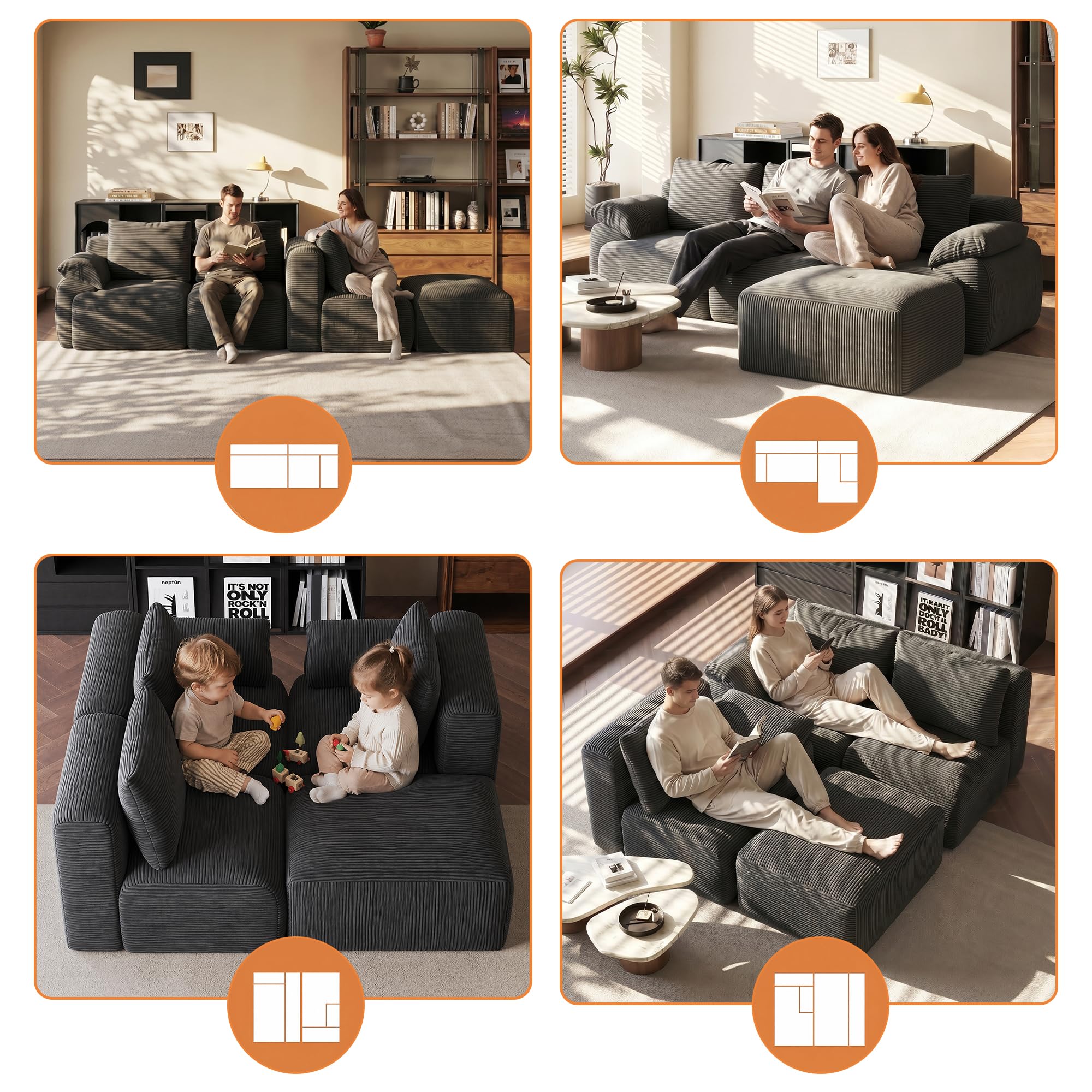 Sofá Seccional Modular con Cojines, Sofá de esquina Convertible | Sofá Deshuesado Comprimido con asiento profundo. Espuma de memoria de forma|Panaaa|264x161x71cm|Gris|No requiere ensamblaje