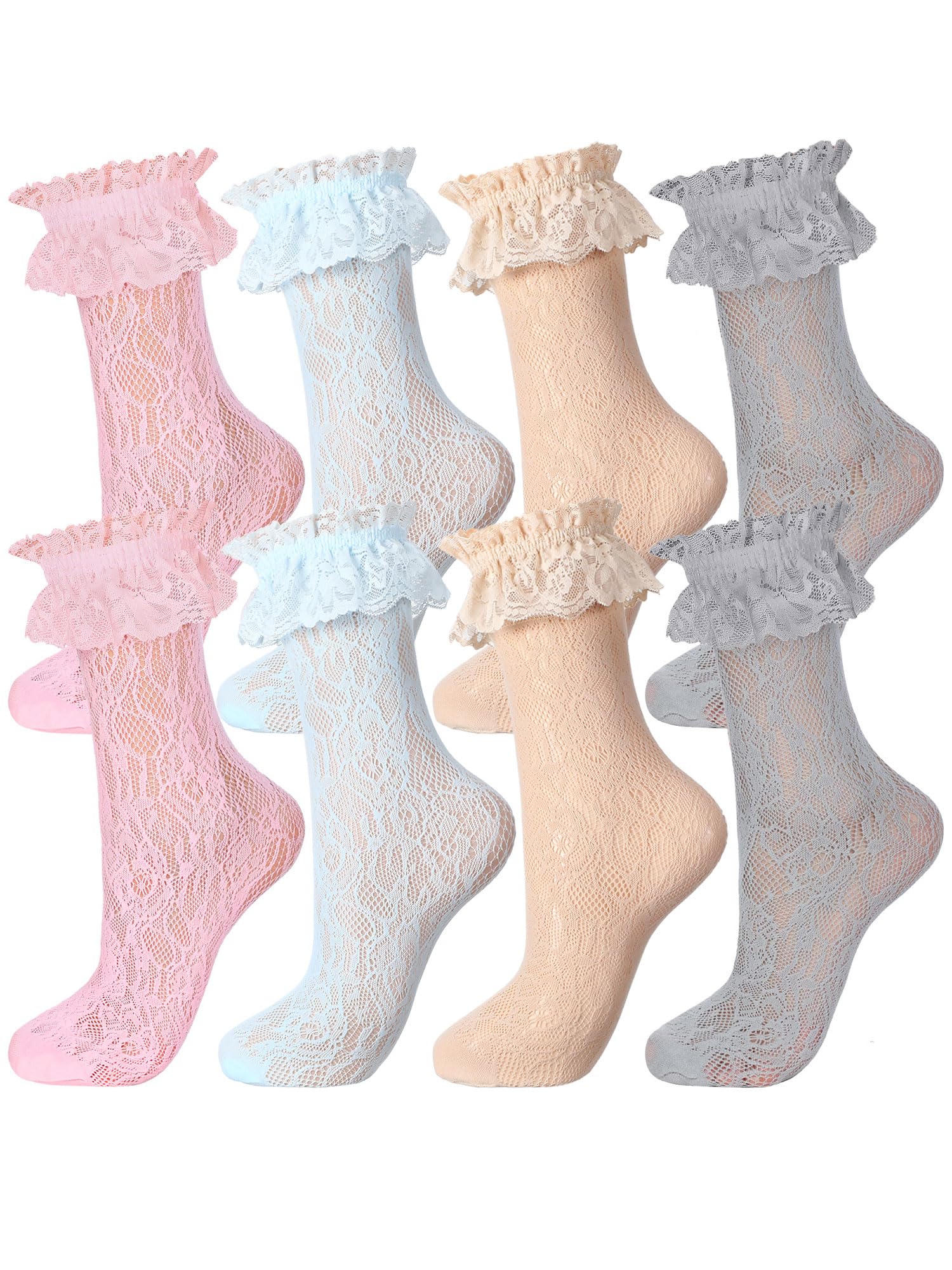 Geyoga 4 Pairs Lace Ruffle Frilly Ankle Socks Women Lace Cute Dress Socks for Women Ladies Princess Accessories: 5-9 Grey, Pink, Skin Color, Light Blue