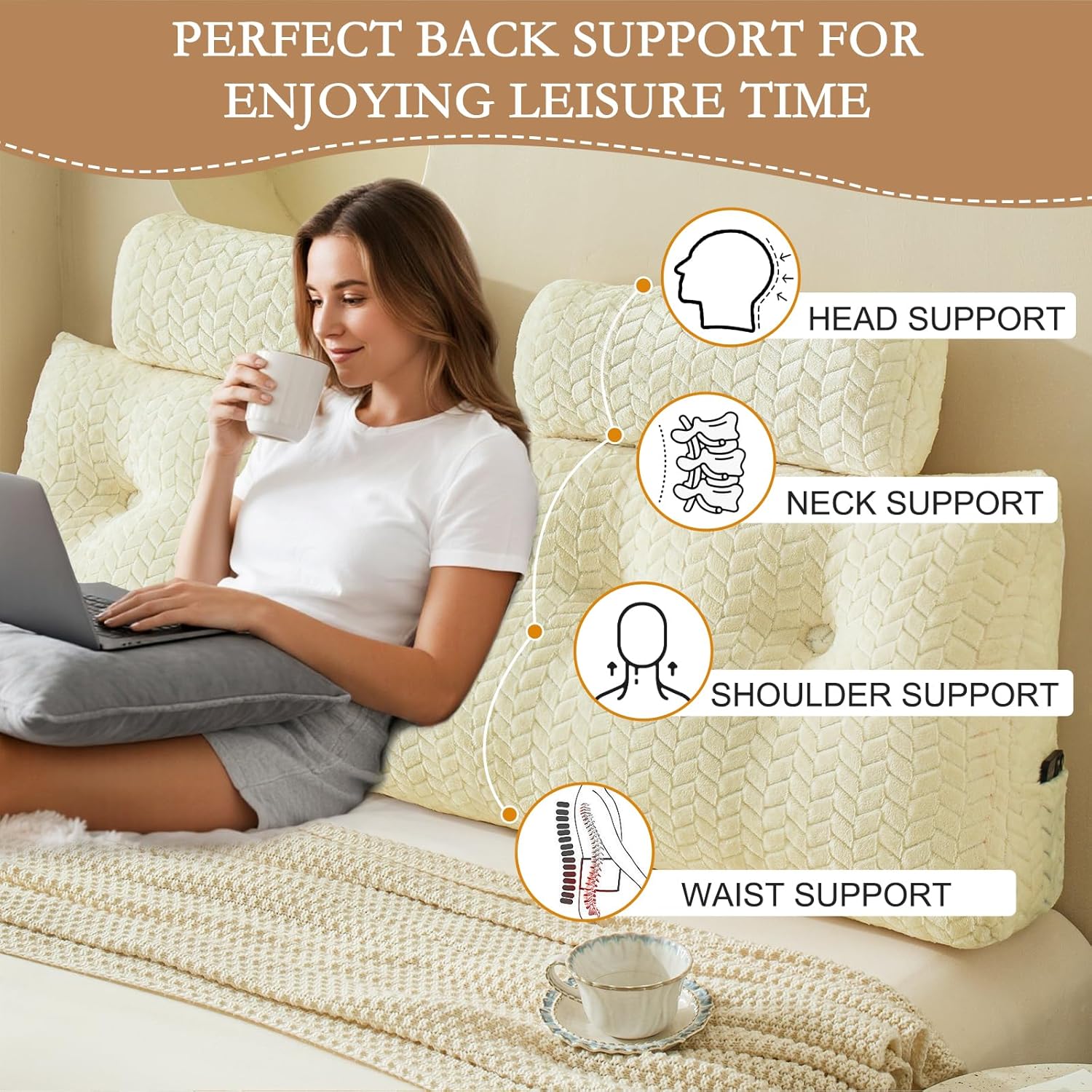 YOUR MOON Wedge Headboard Pillow King with 2 Pack Neck Roll Pillows, Triangular Wedge Backrest Pillow Headboard for Bed,Daybed,and Lounging, Large Bed Bolster Pillows,Off White